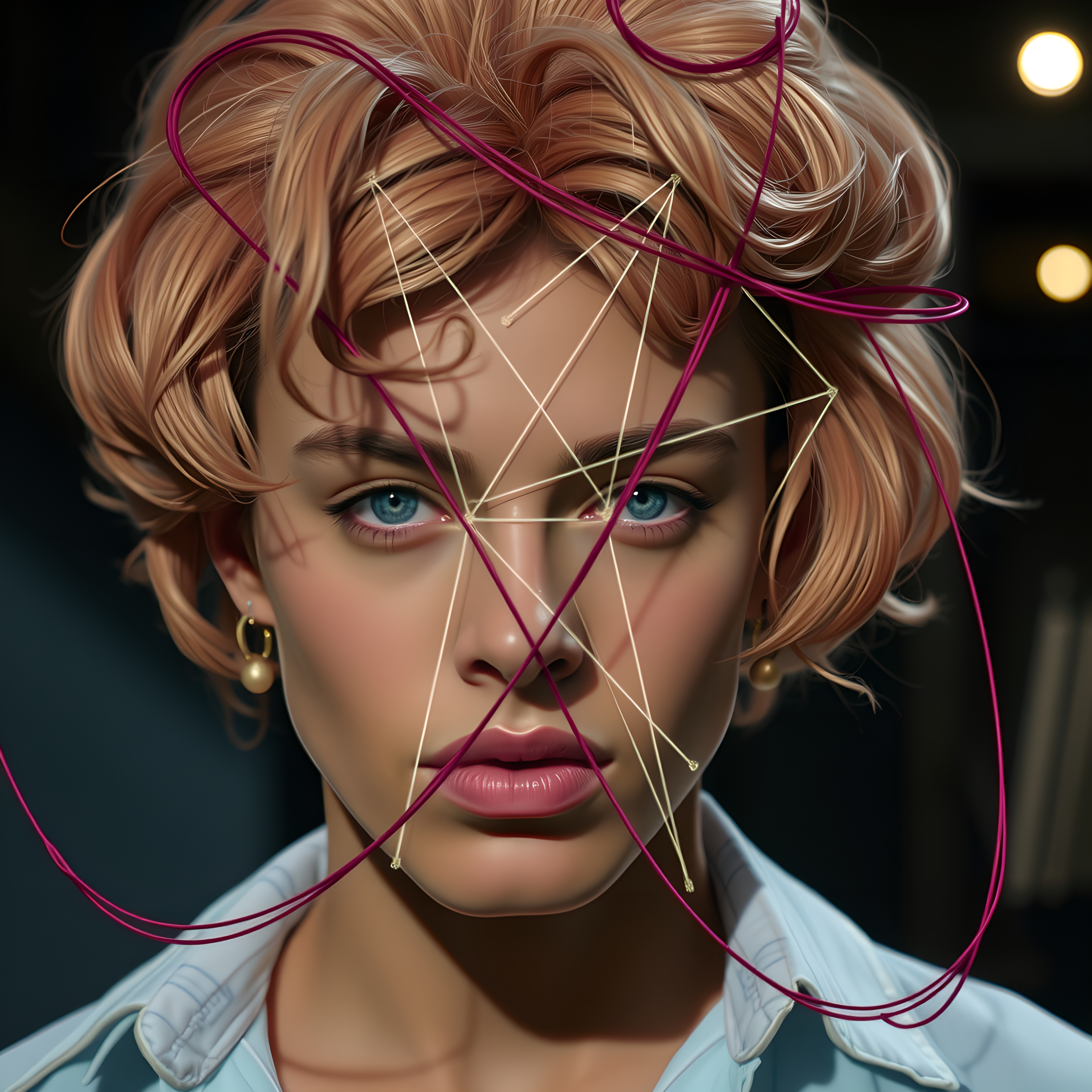 Conceptual portrait of a young woman overlaid with geometric lin