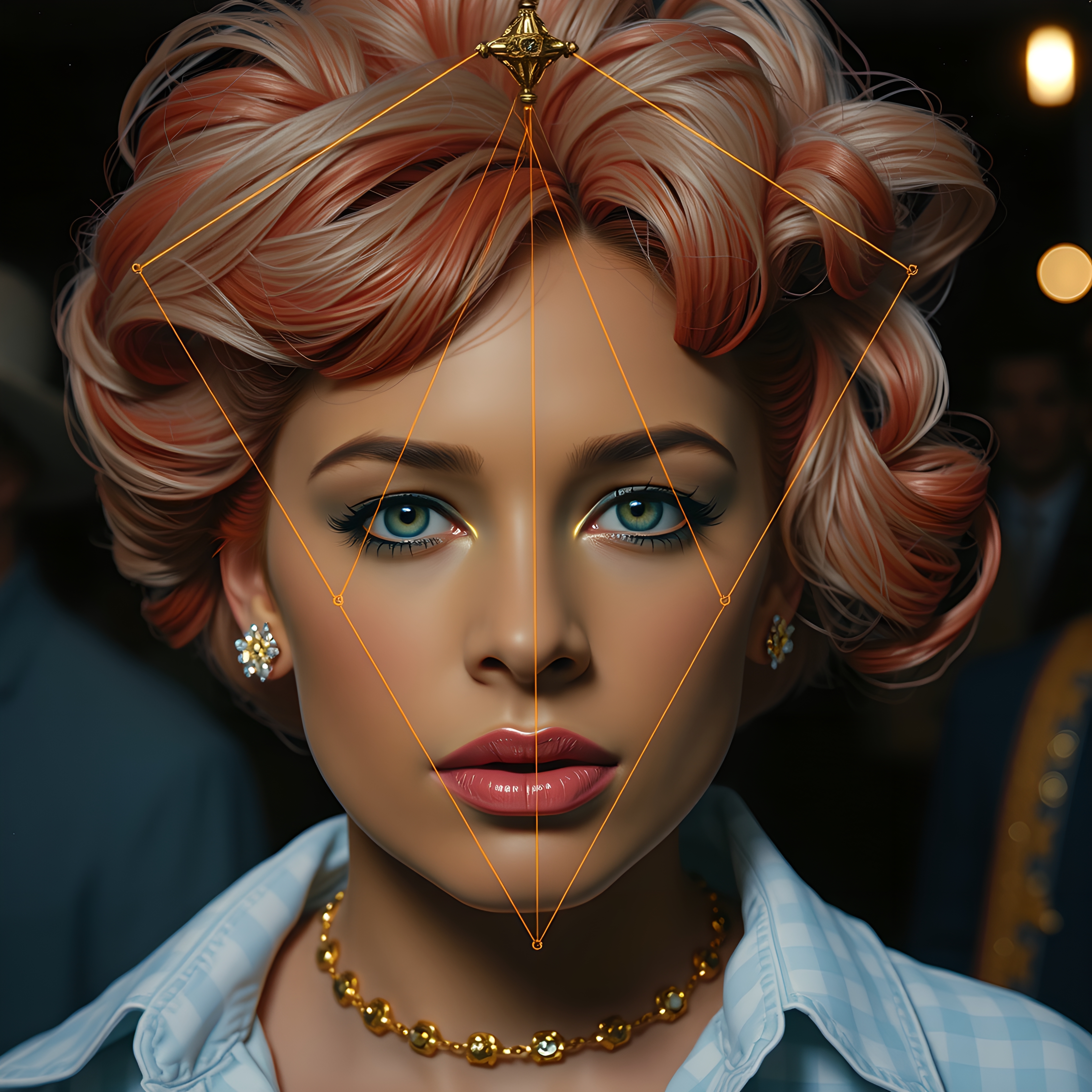 Portrait of woman with geometric lines highlighting facial features, set against a dimly lit evening background.