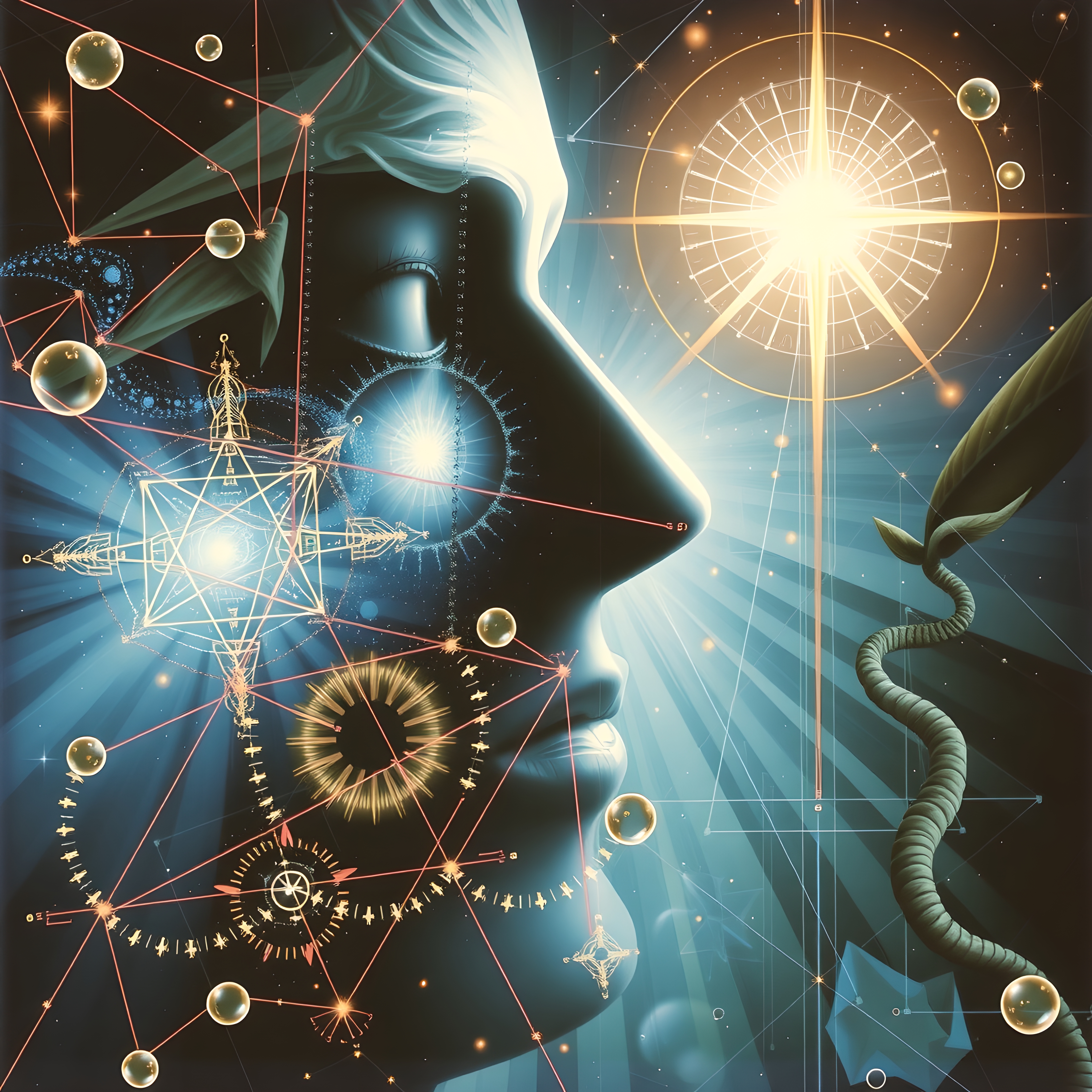 Surreal portrait blending cosmic symbols, mystical geometry, and enlightened feminine energy for spiritual exploration