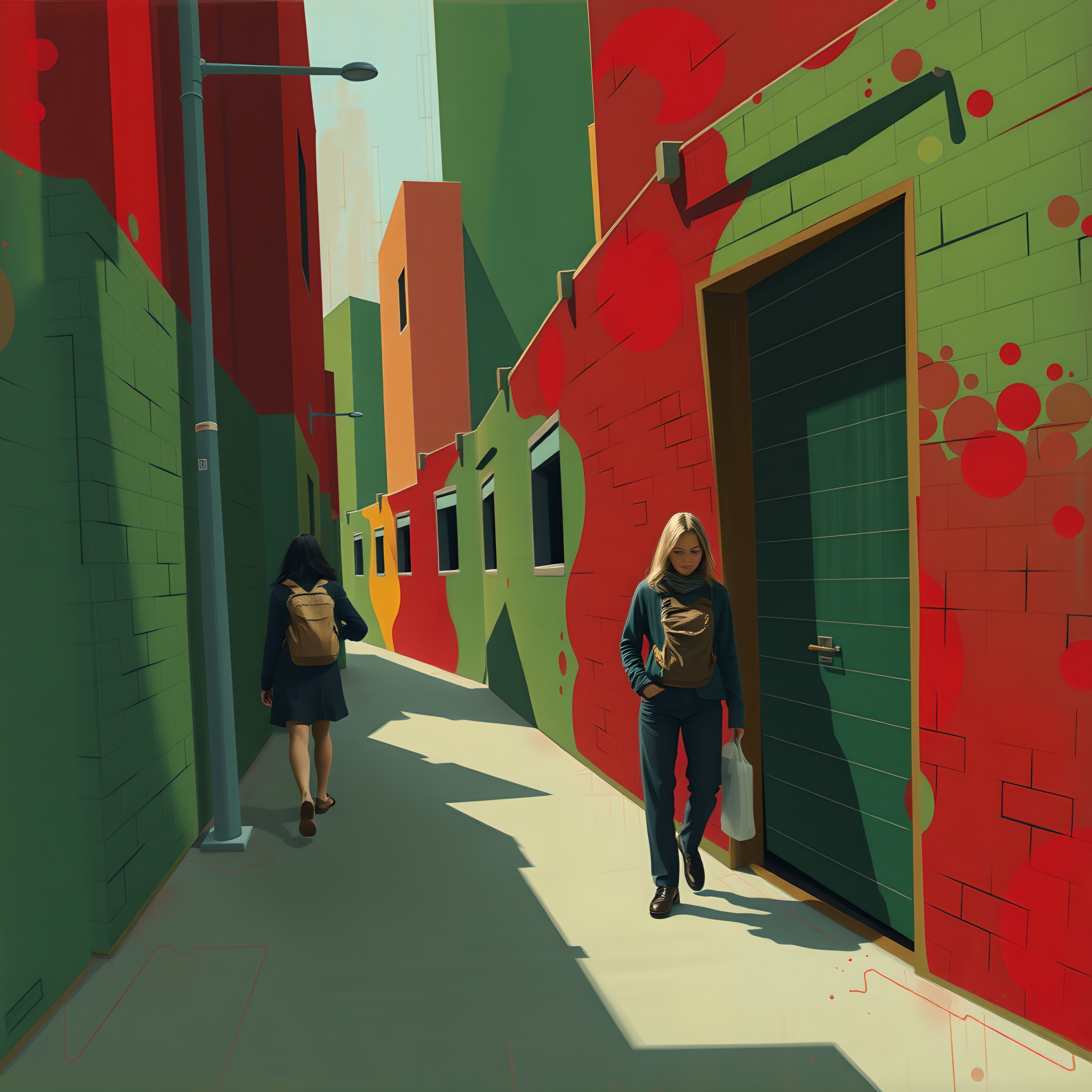 Two women stroll down a vividly colored urban alley lined with artistic murals and architectural details