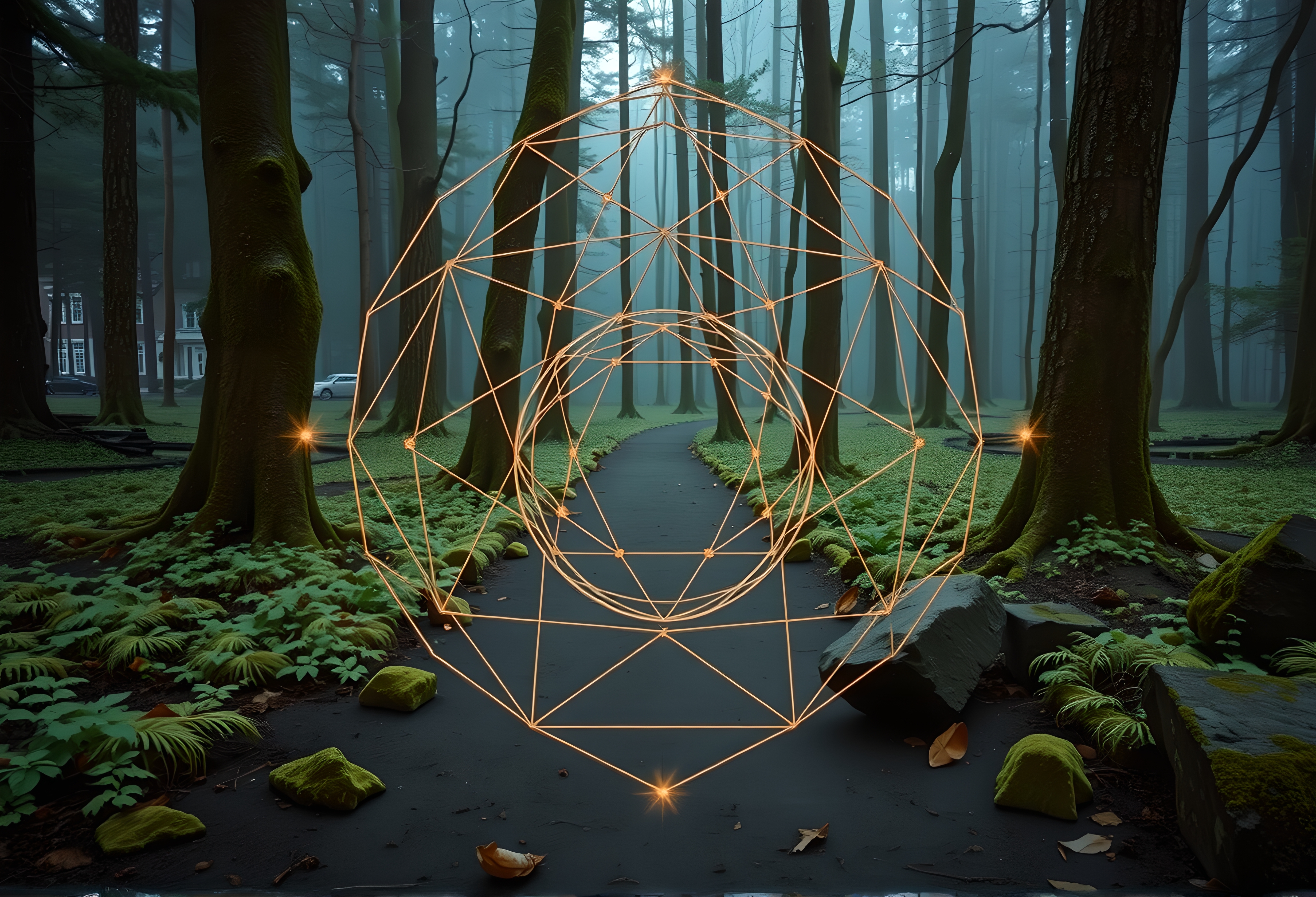 Mysterious forest with glowing geometric wireframe structure suspended among trees, creating an ethereal and enchanting atmosphere.