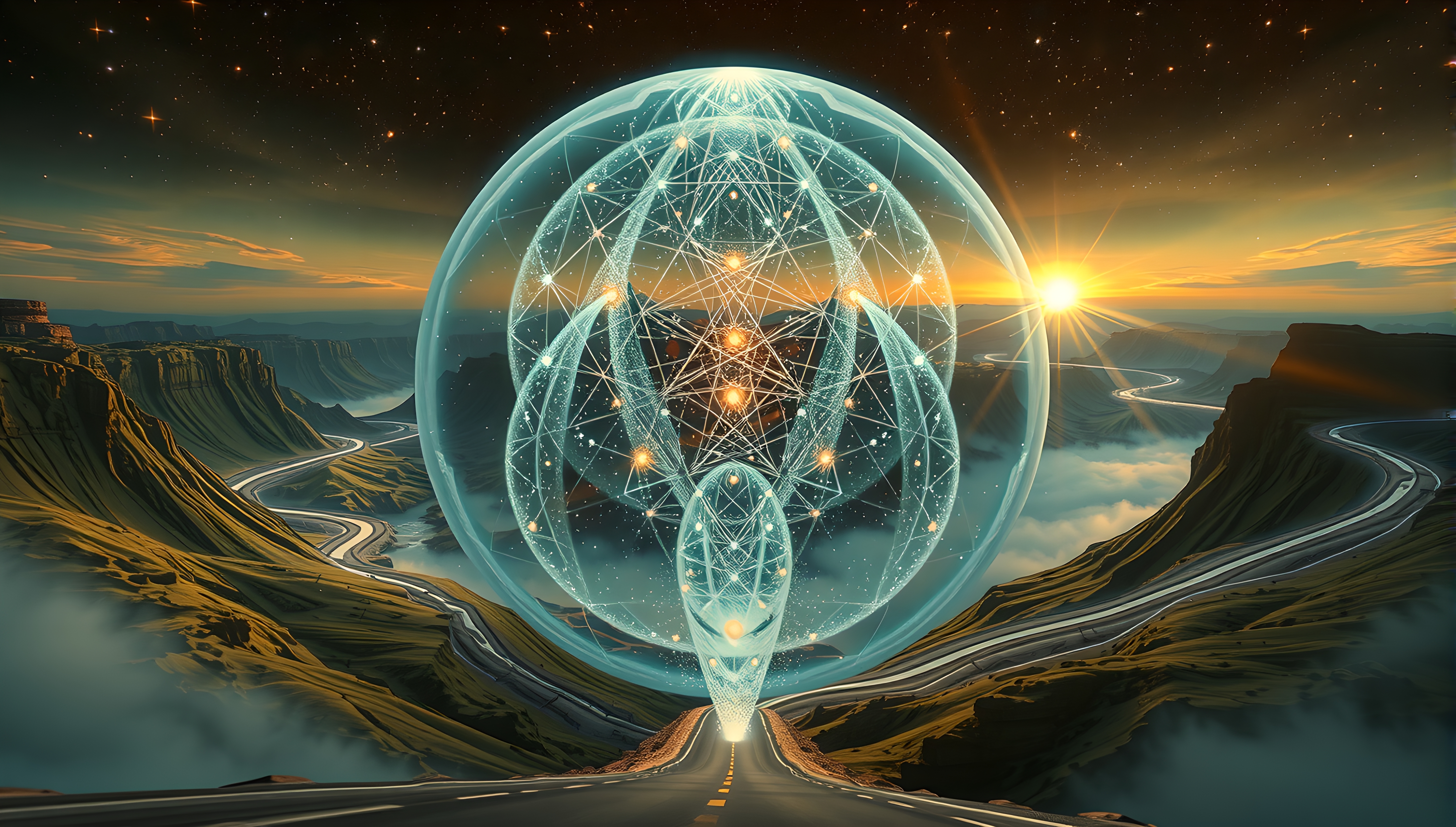 A surreal landscape with a glowing geometric structure under a starry sky.