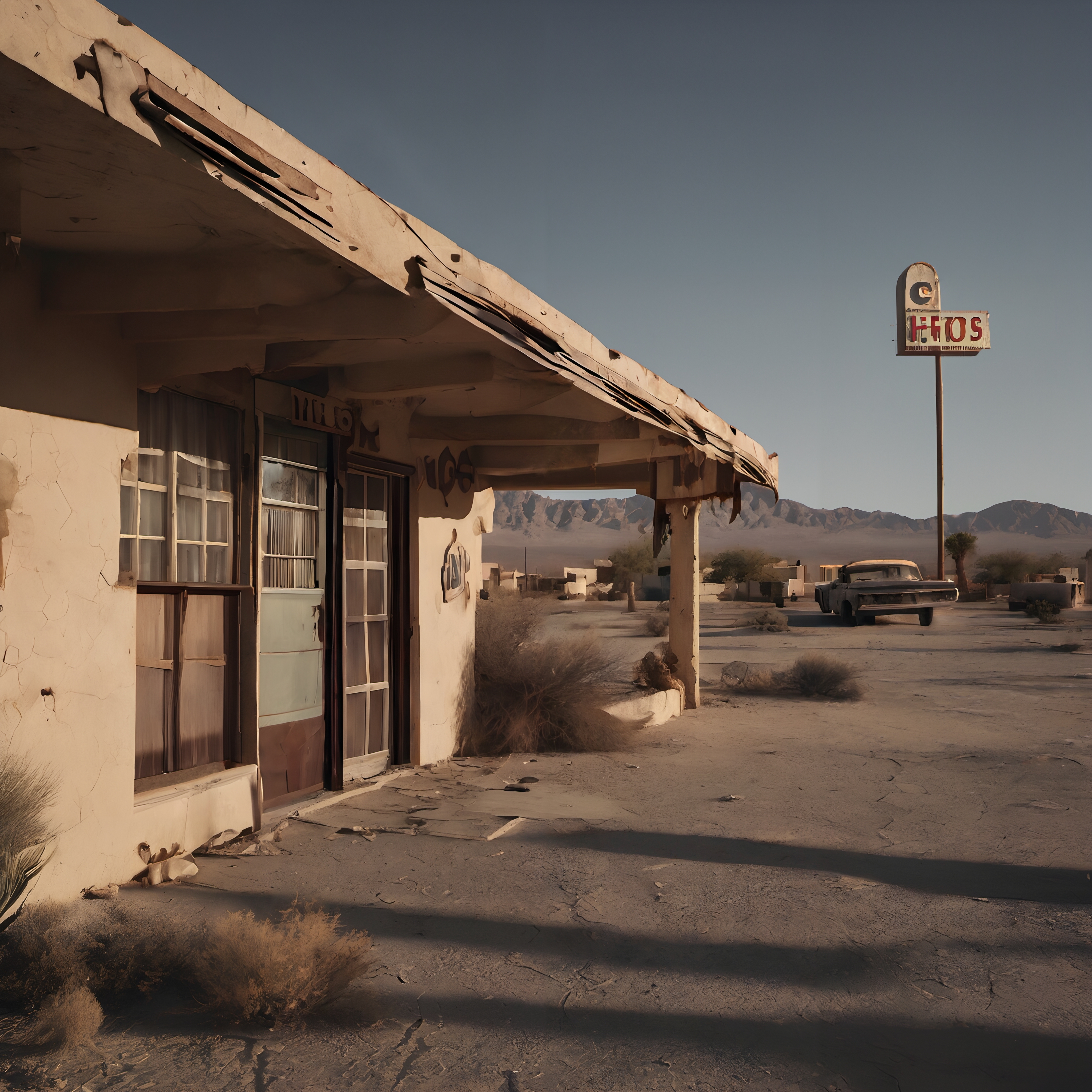 An abandoned desert building under clear skies with vintage car and mountains in the background.