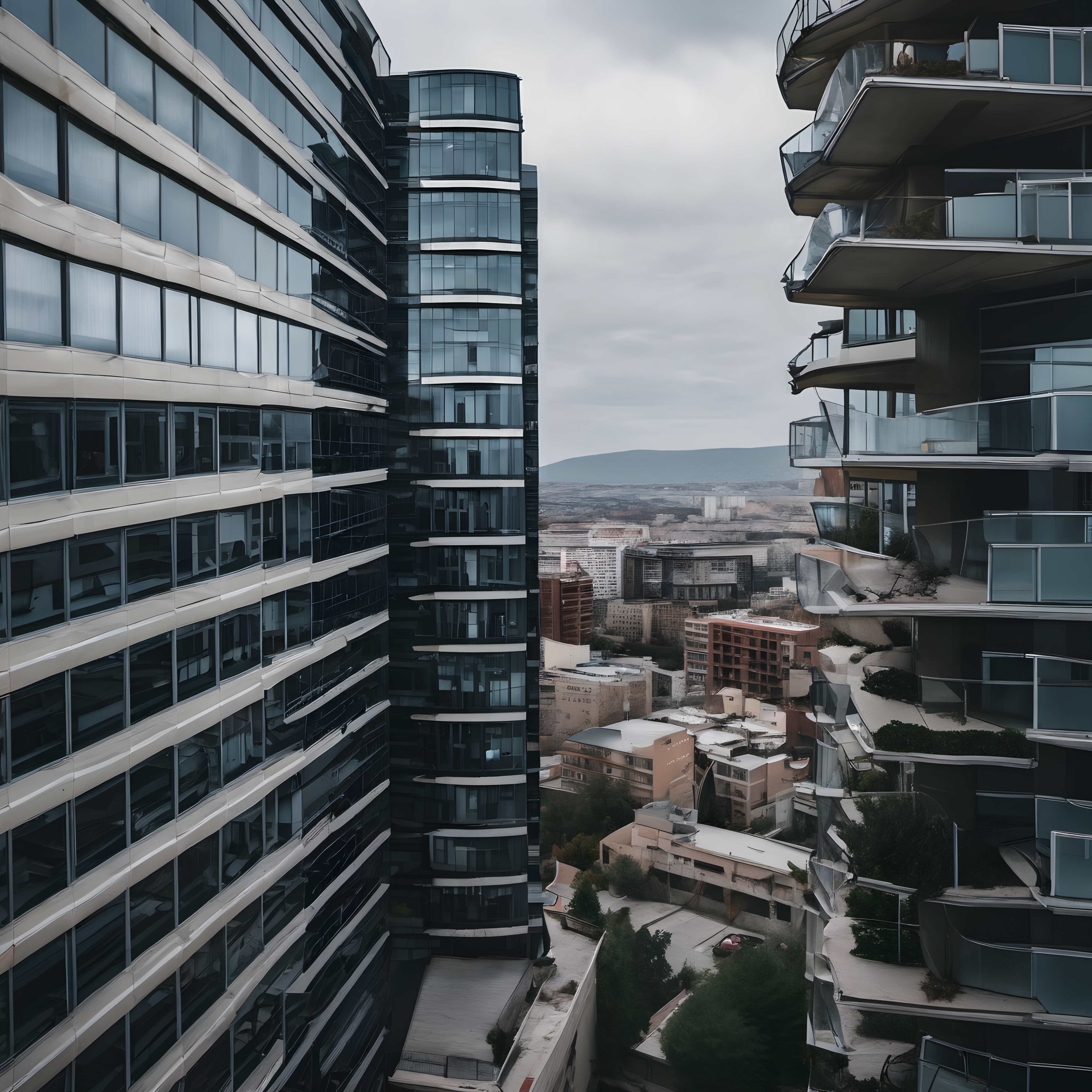 Modern glass skyscrapers overlooking a city.