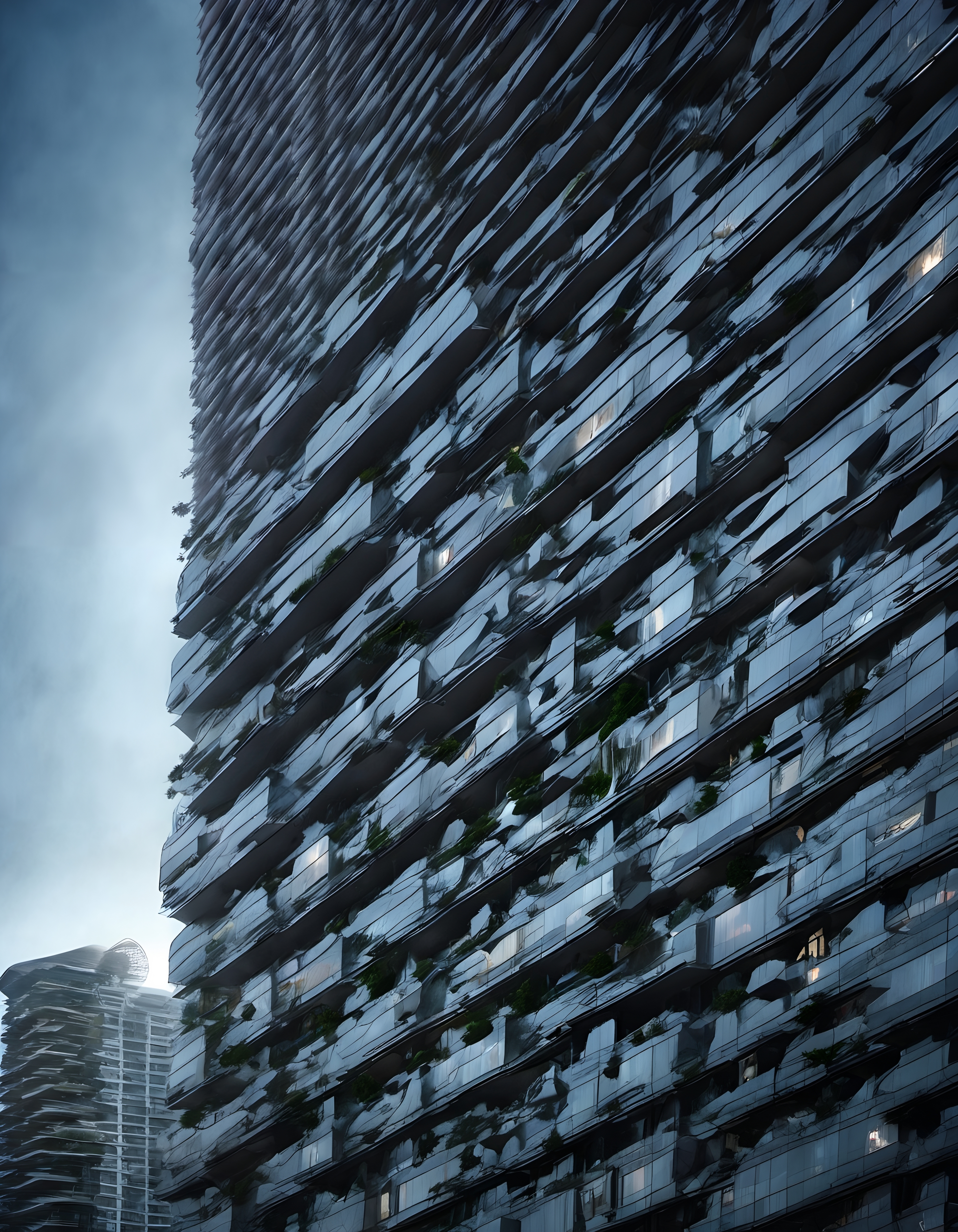 A modern skyscraper with a unique, reflective glass facade, featuring green foliage and emphasizing urban architectural innovation.