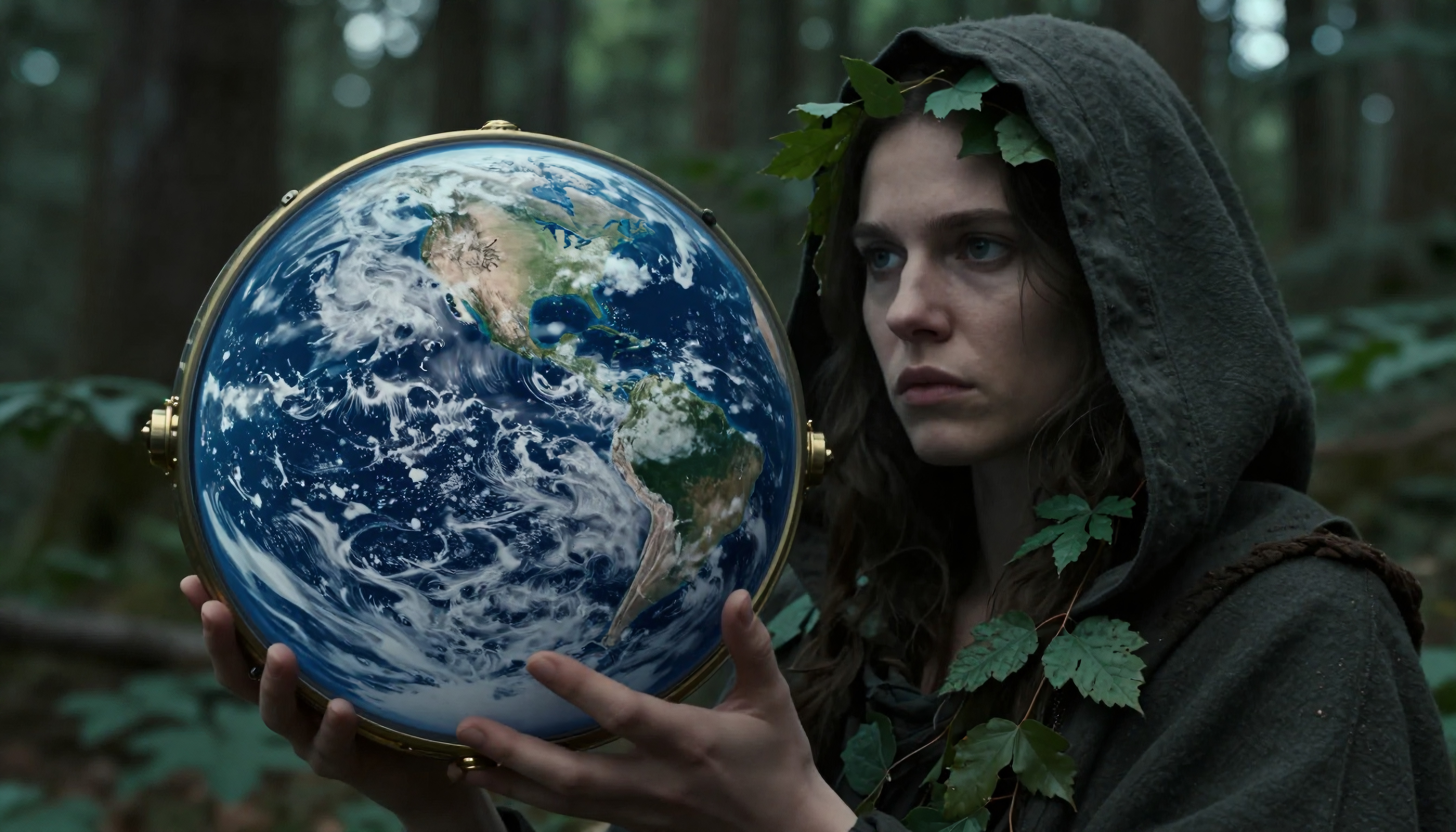 Person in forest holding detailed globe with Americas visible, wearing hooded cloak adorned with leaves