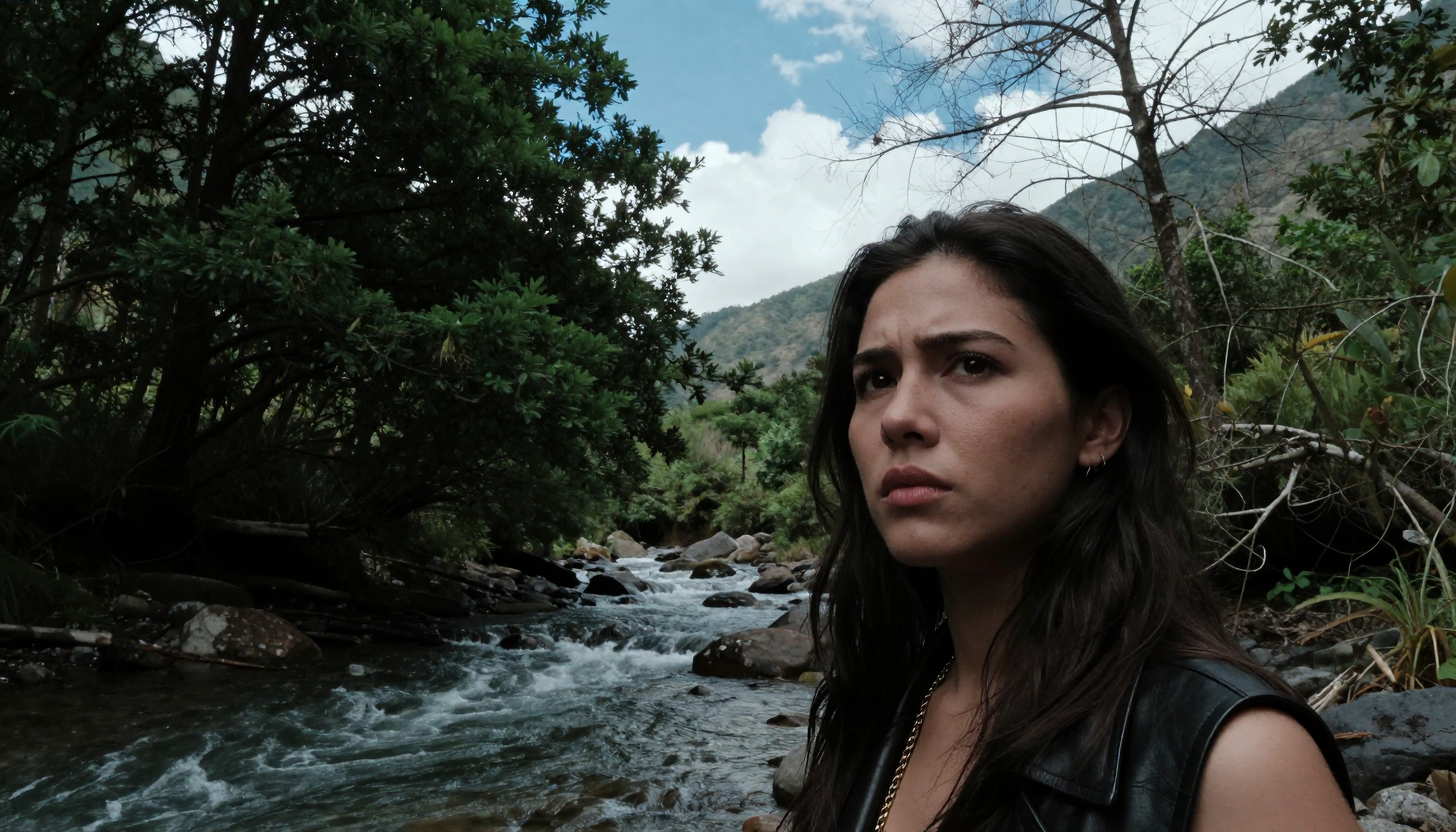 Young woman by a tranquil riverside forest, deep in thought, surrounded by lush greenery and mountains.