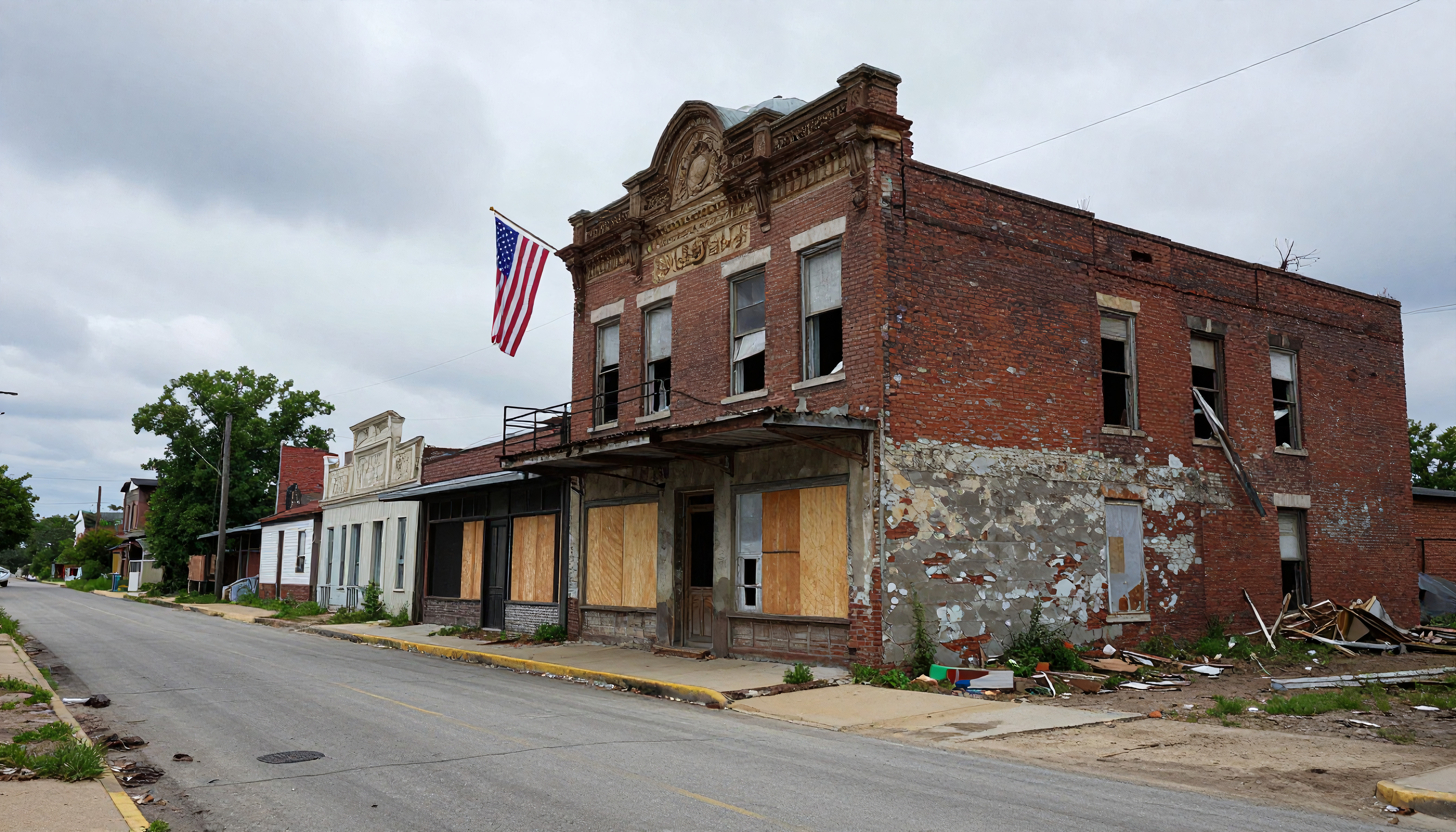 Historic abandoned brick building flying American flag under overcast sky