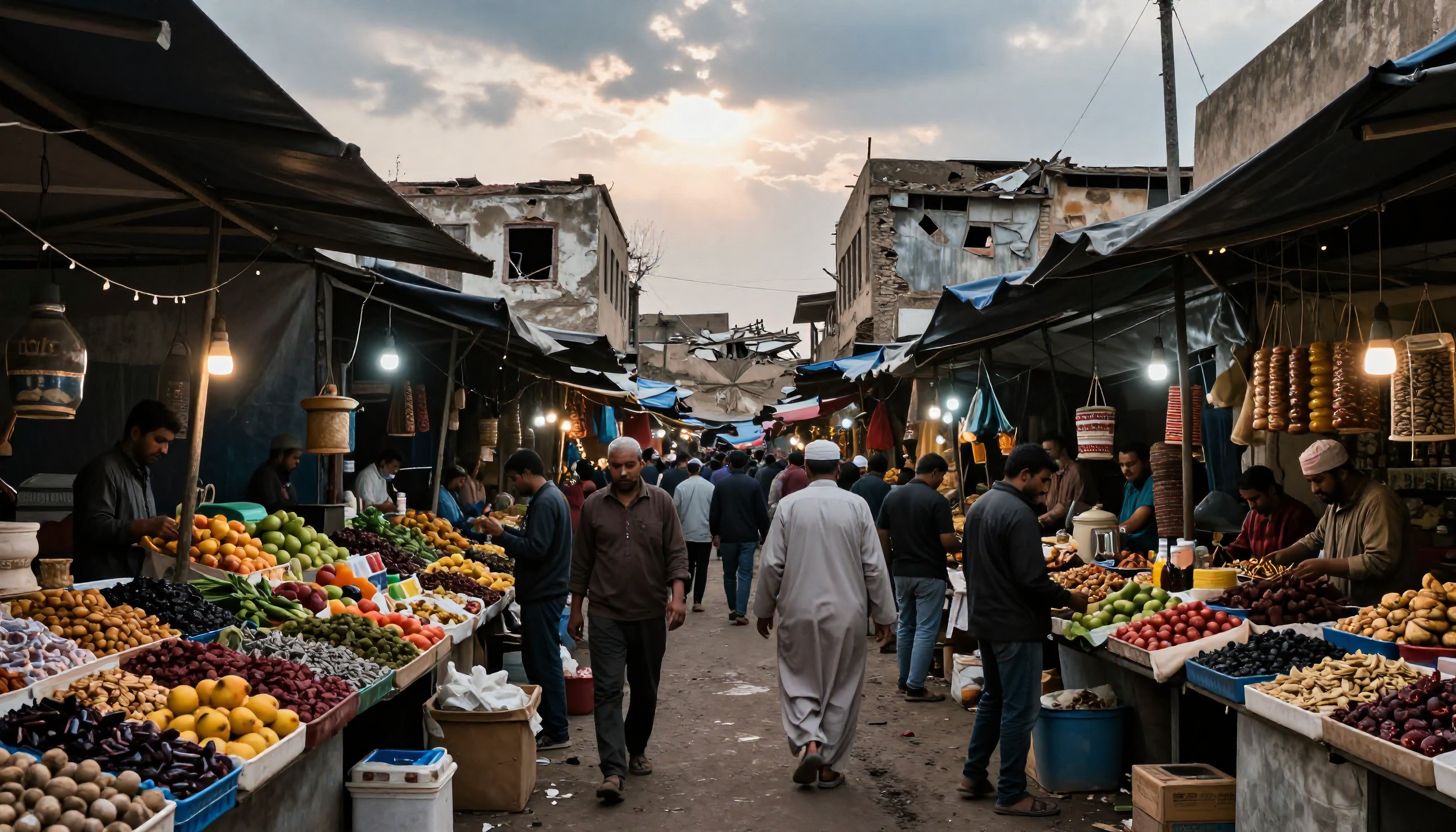 Bustling market scene with vibrant colors and diverse shoppers.