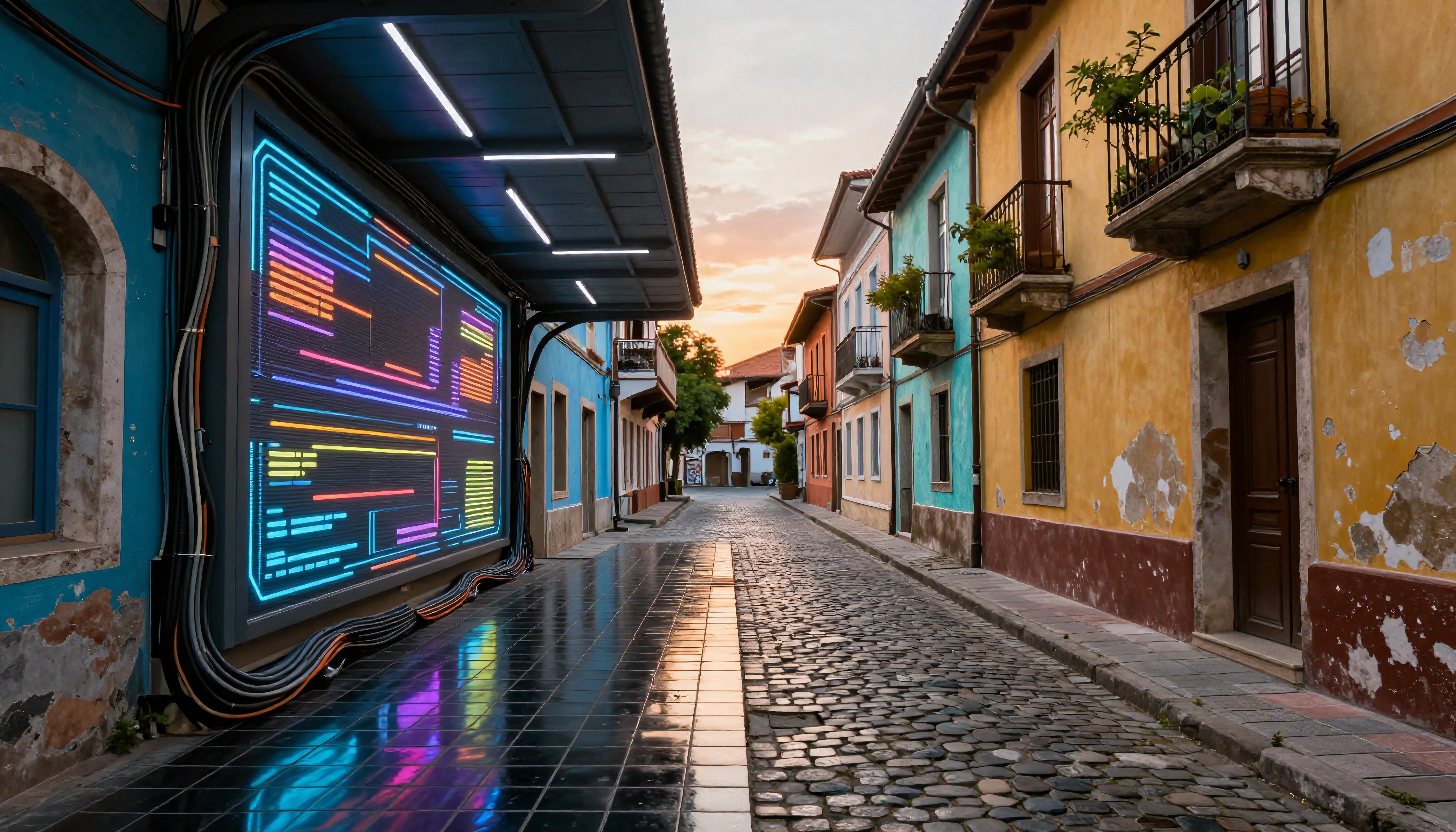 A colorful street with neon digital display contrasting colonial architecture at sunset.