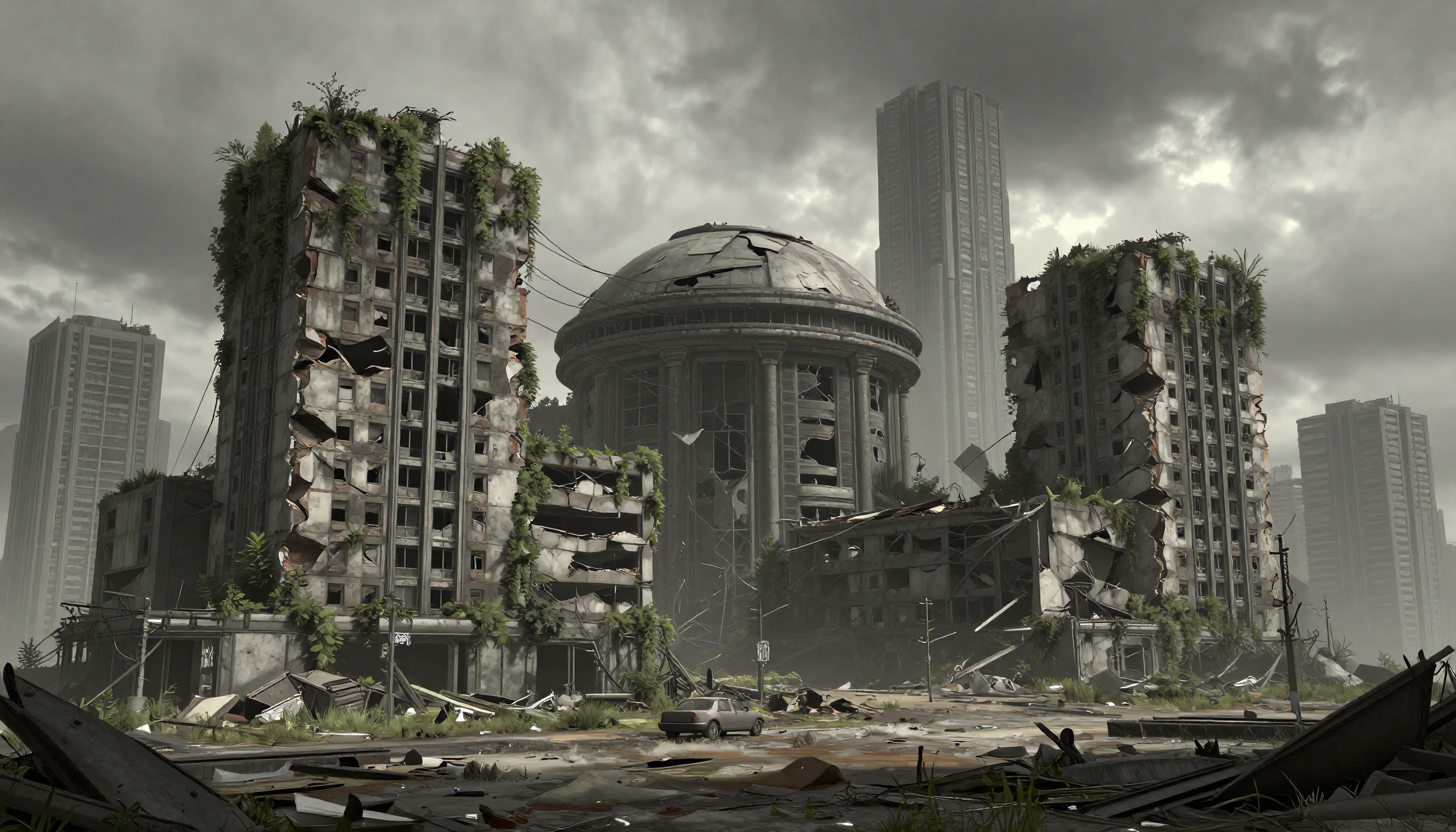 Ruined cityscape with decaying buildings.