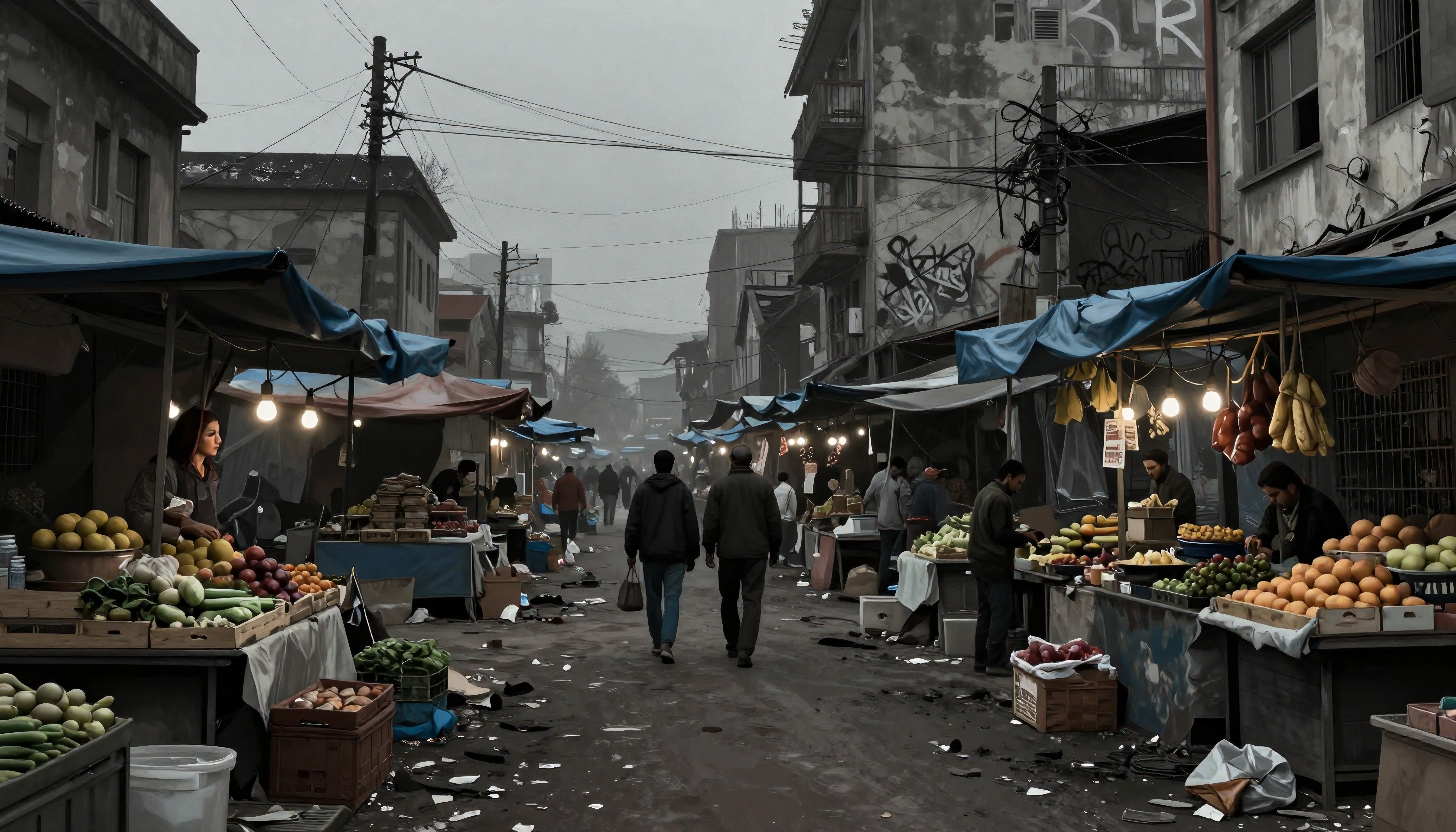 A lively street market bustling with vendors and vibrant produce under dimly lit tarpaulin in an urban alley.