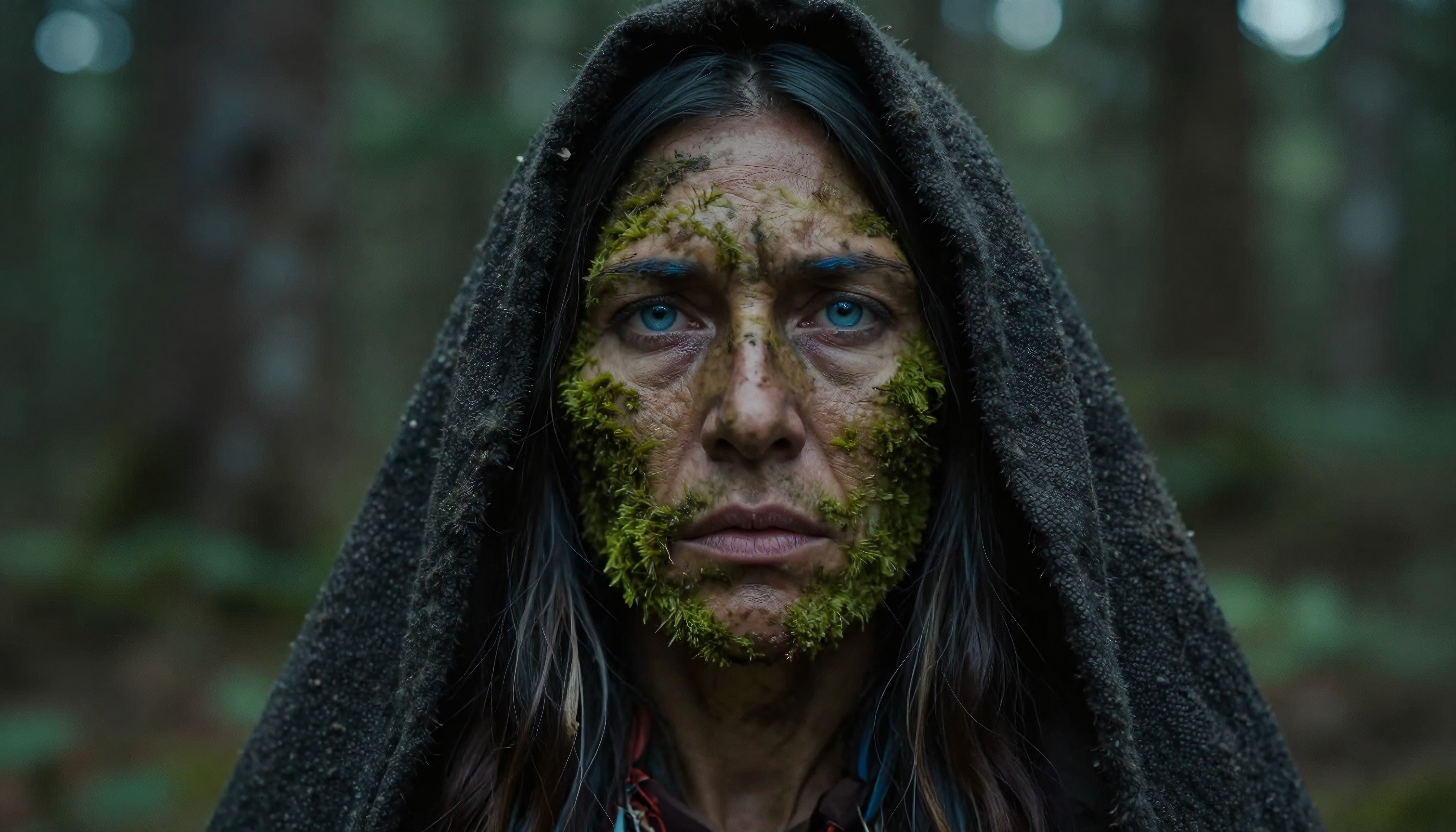 A woman with blue eyes and moss on her face stands in a forest.