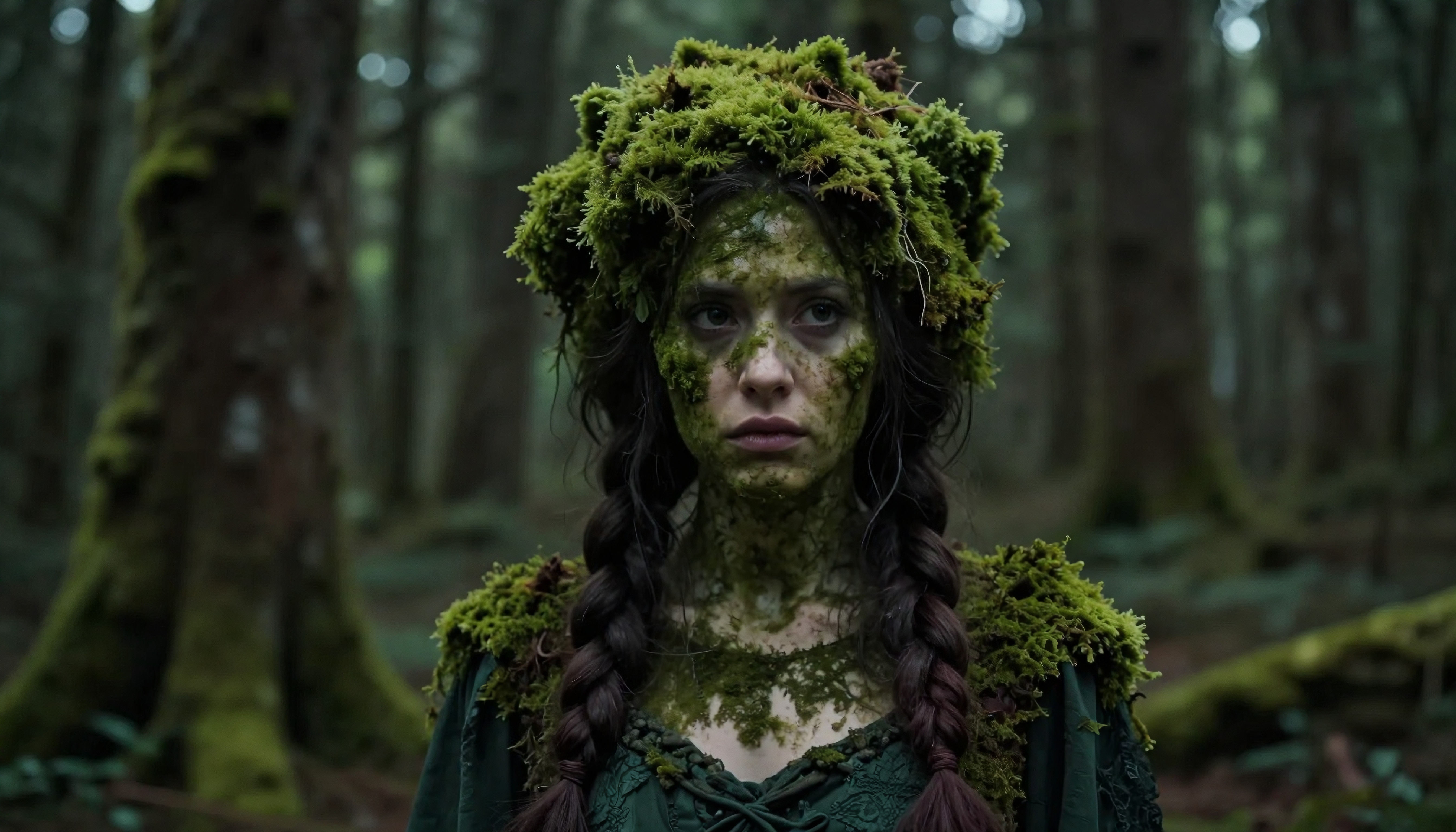 Woman adorned with moss stands in a mystical forest.