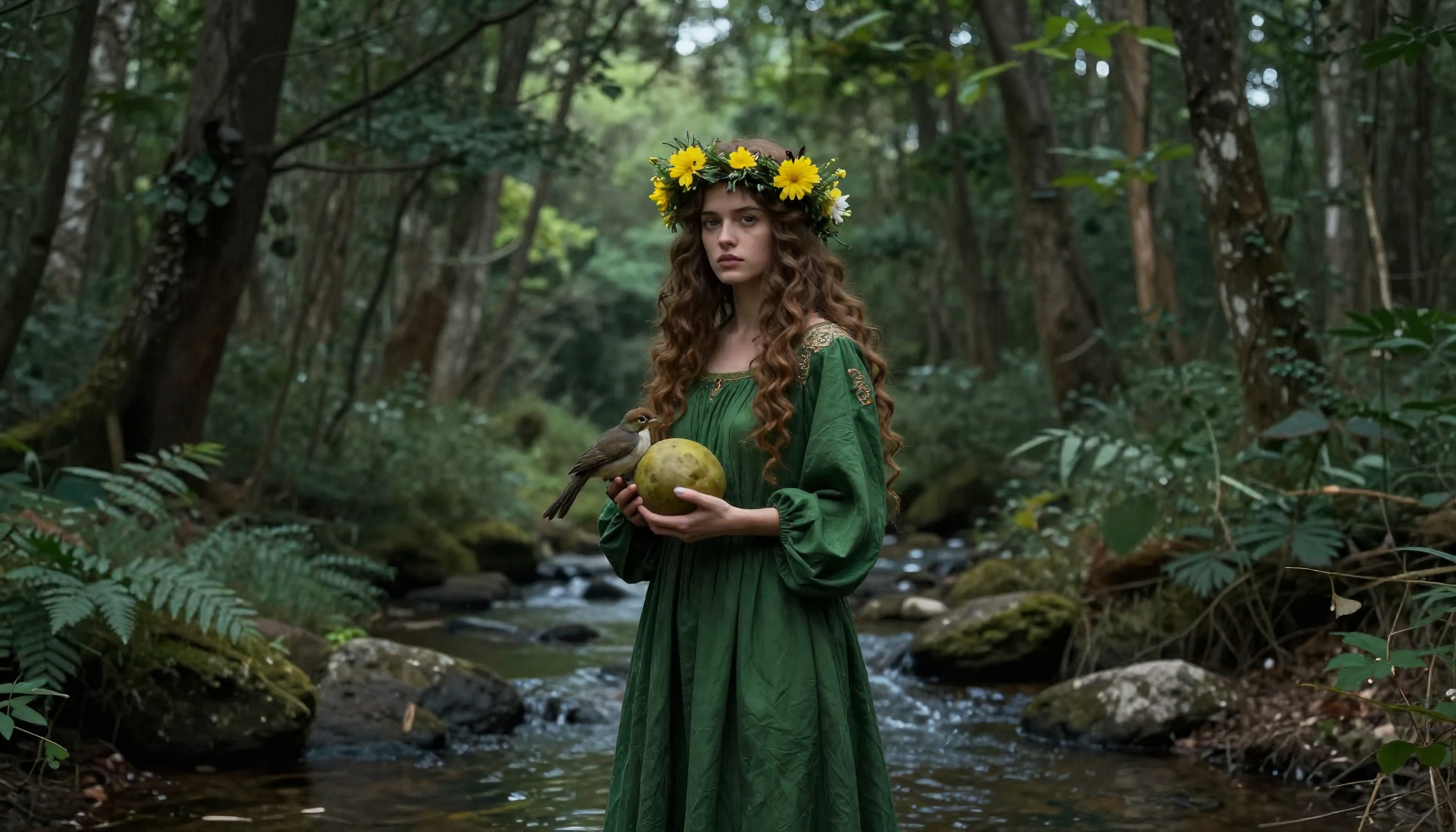 A woman in a green dress stands in a forest, holding a fruit with a bird perched on top.