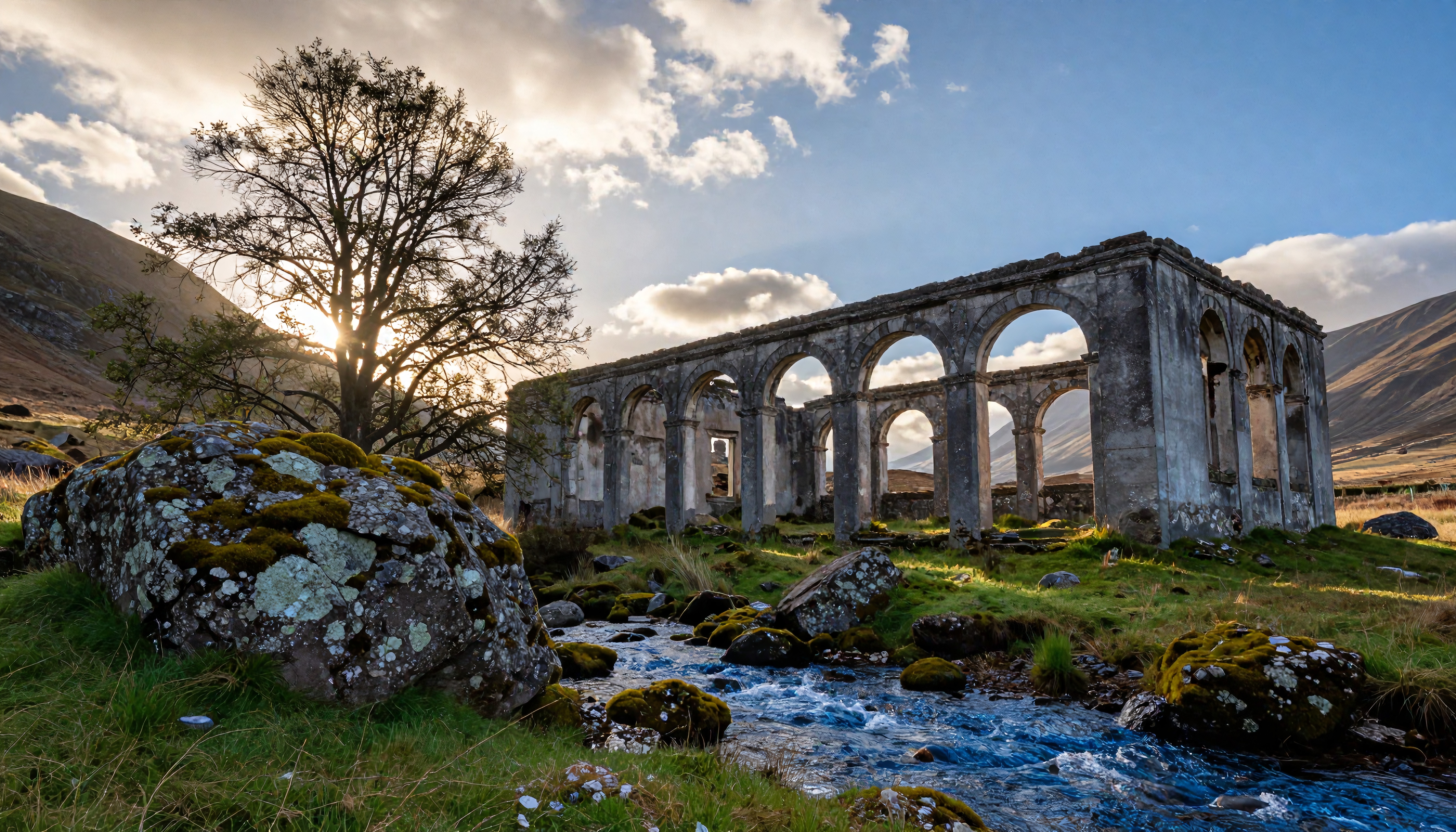 A scenic view of ancient stone ruins with arched windows by a tranquil, moss-covered stream under a tree-filtered sunlight in a lush landscape.