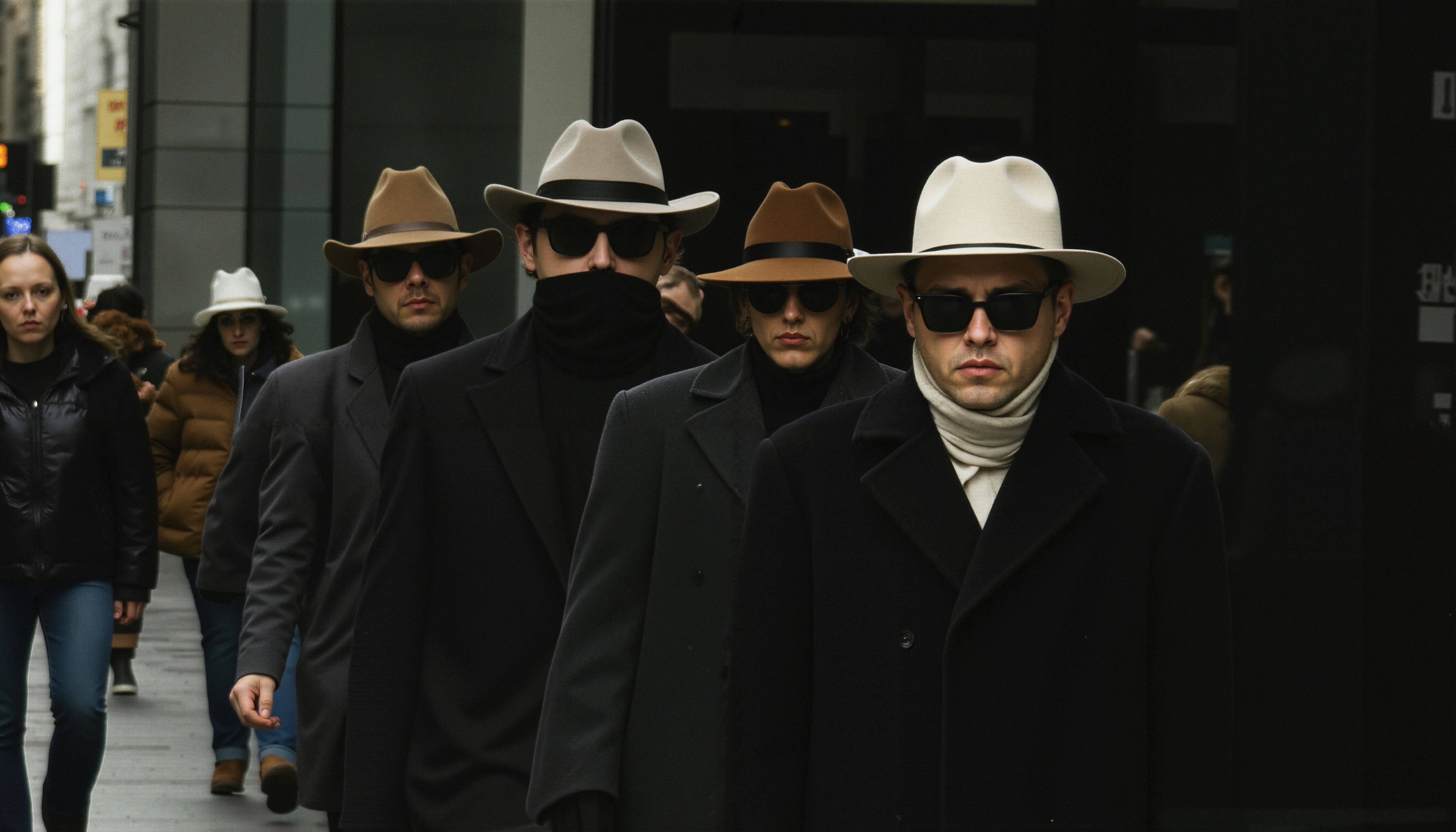 Stylishly dressed men walking confidently with hats and sunglasses on a bustling city street.