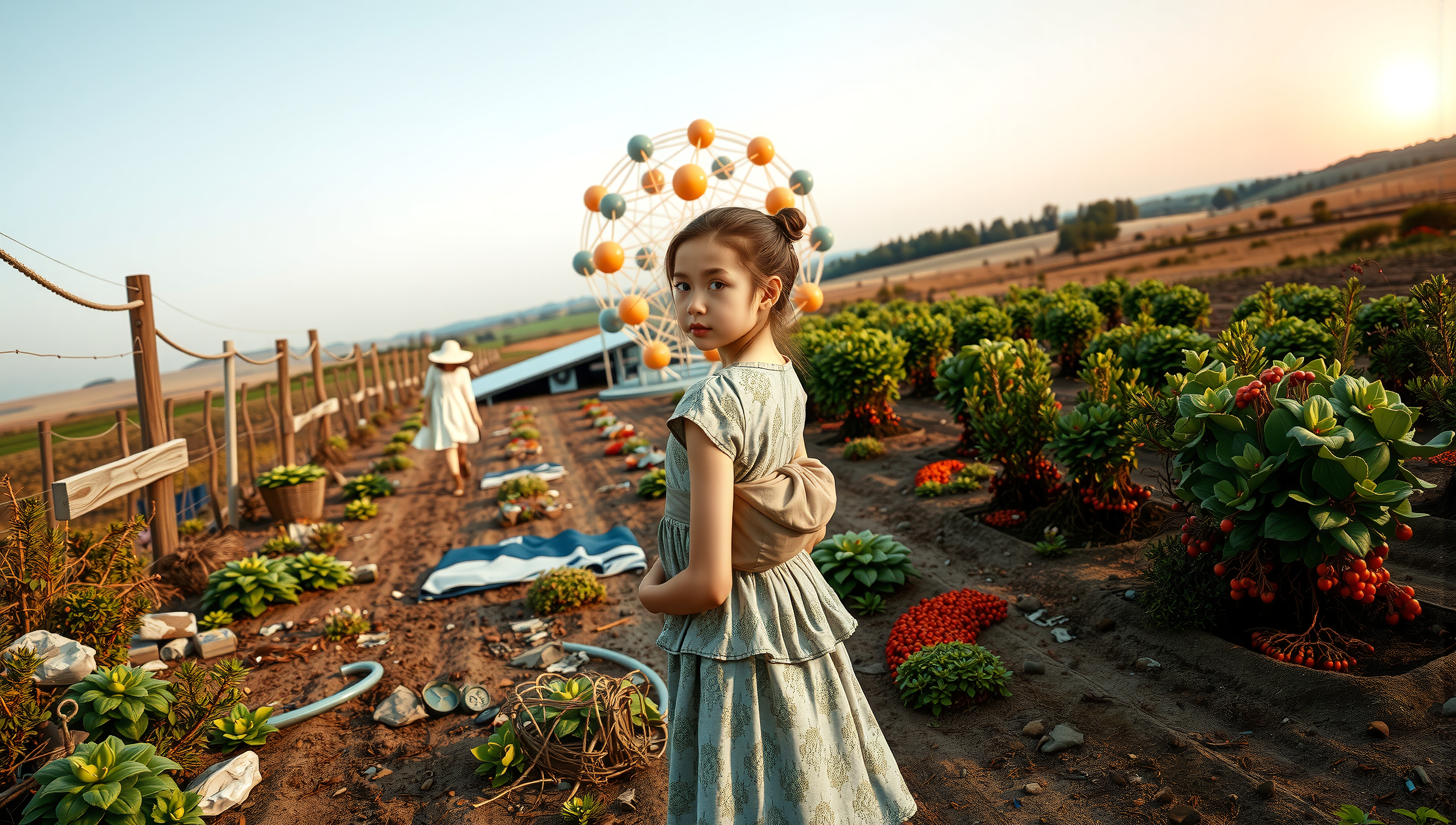 Young girl in a sunset-lit vegetable garden, with a Ferris wheel, plants, and a rural landscape.