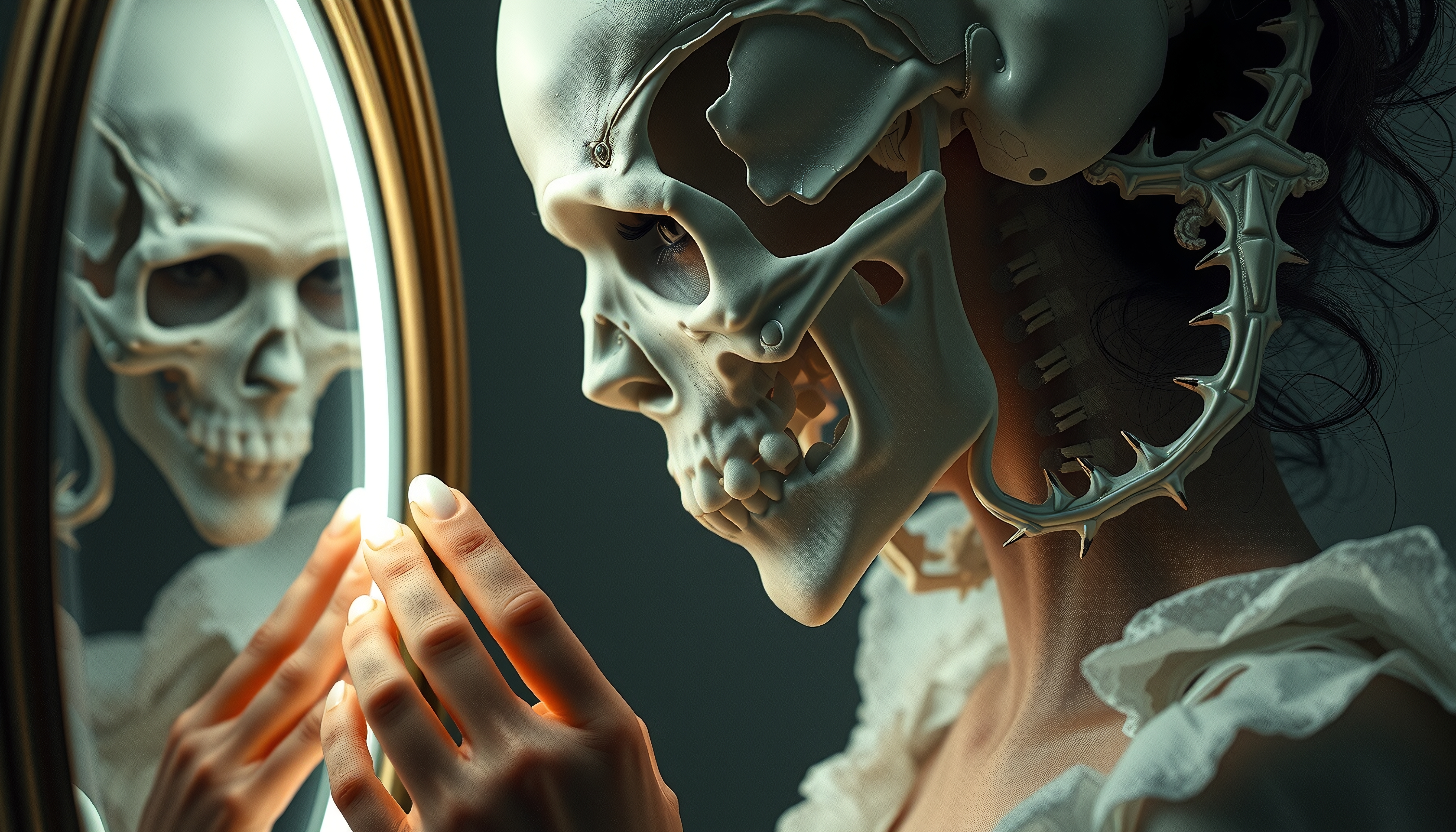 A surreal depiction of a person seeing a skull-like reflection in a mirror, blending human and mechanical elements.