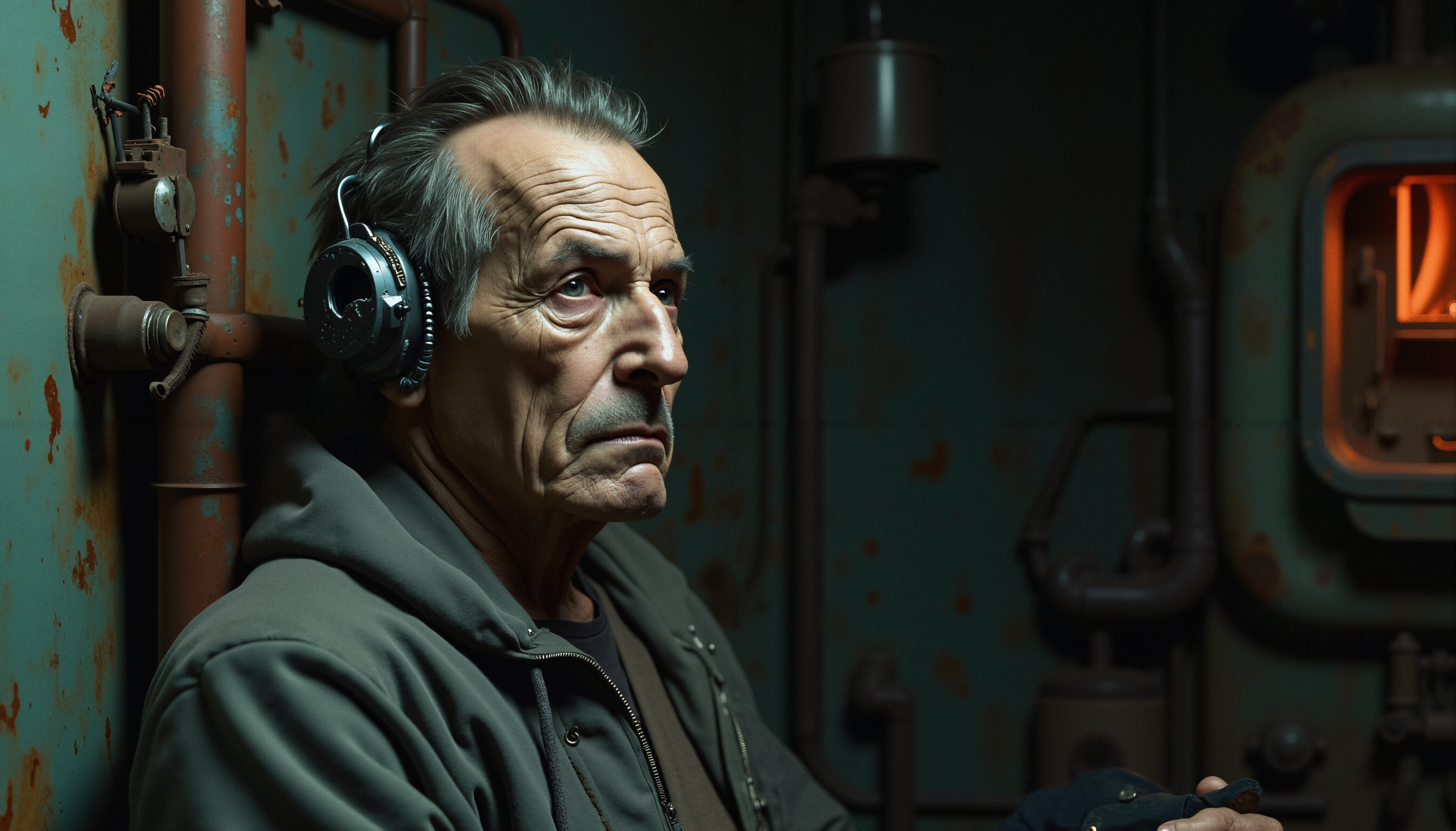 Elderly man in industrial setting wearing headphones.