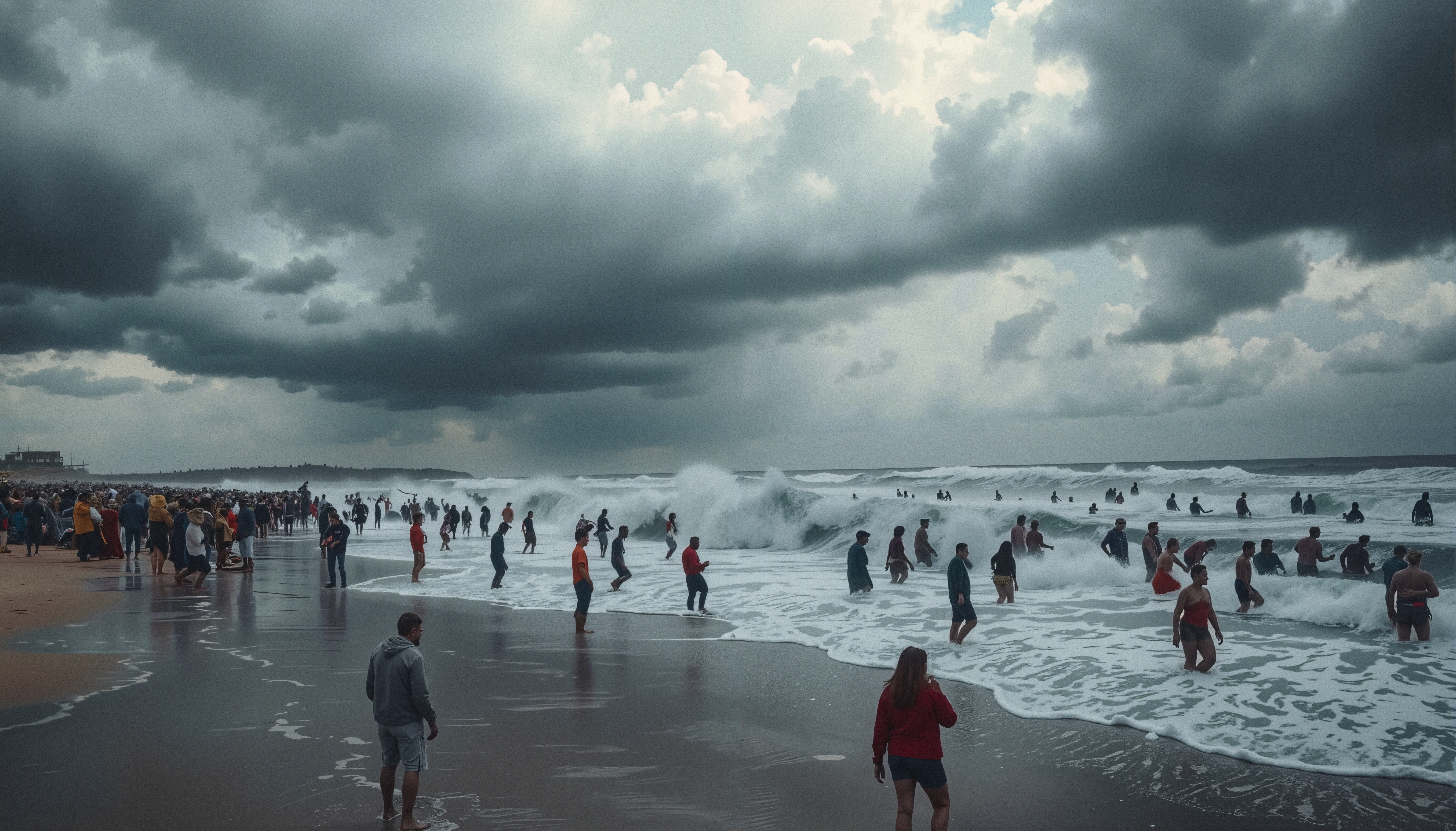 Crowded beach with stormy waves and clouds.