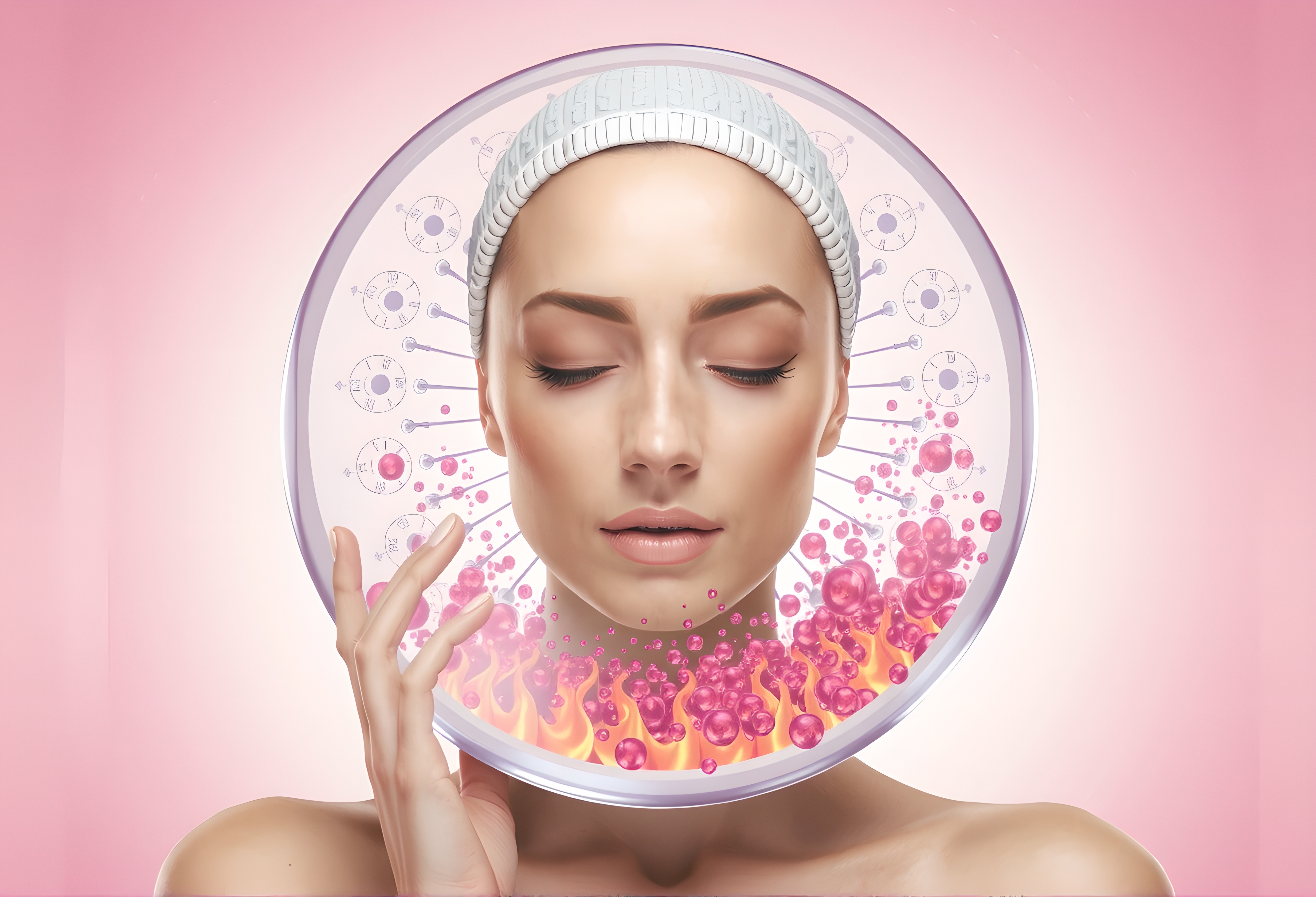 A digital artwork displaying a serene woman surrounded by molecular structures, symbolizing futuristic skincare and wellness.