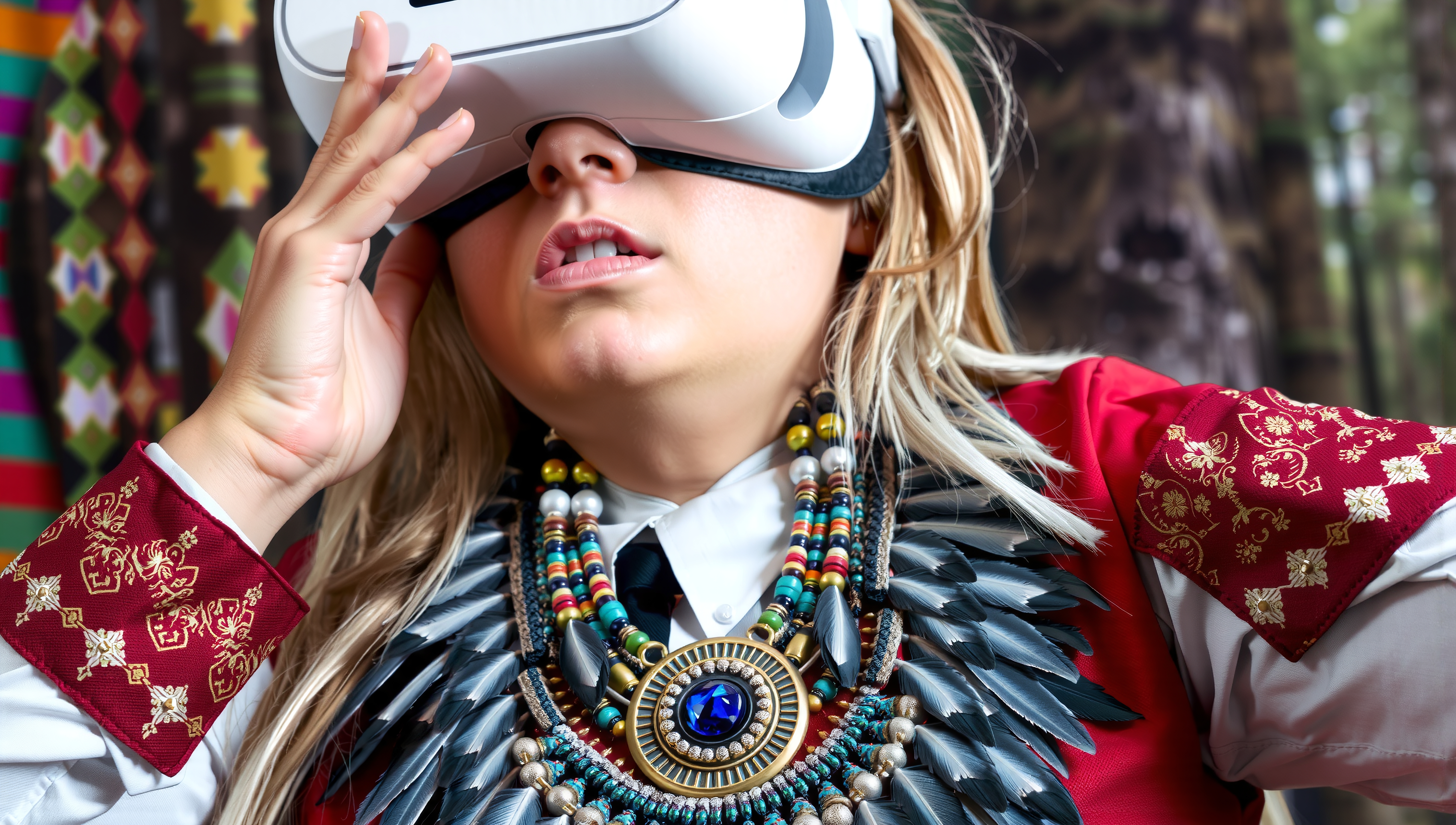 A person wearing a VR headset and traditional attire, featuring a colorful beaded necklace, symbolizes modern technology blending with cultural expression.