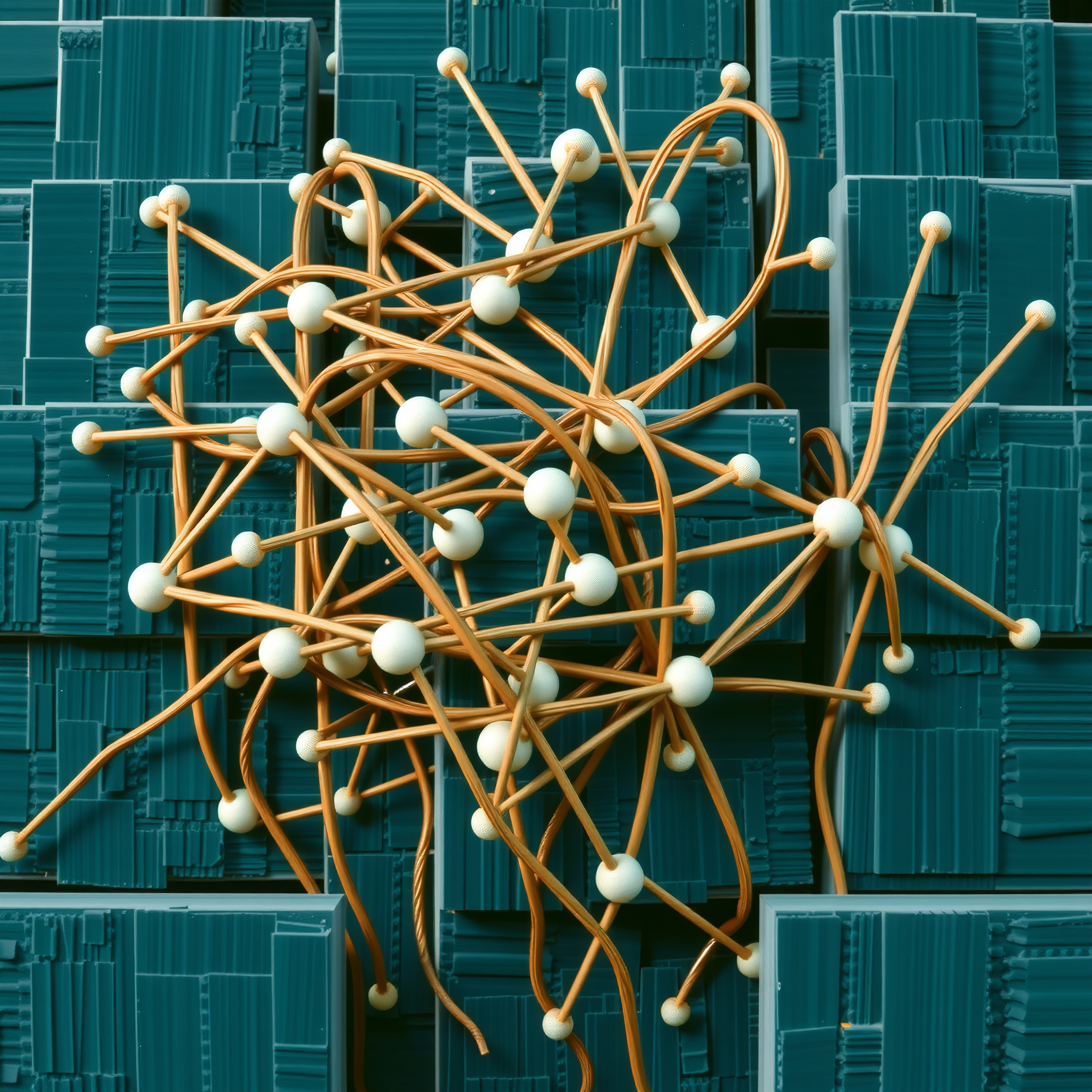 Abstract network of orange cables and white nodes against a teal geometric background.