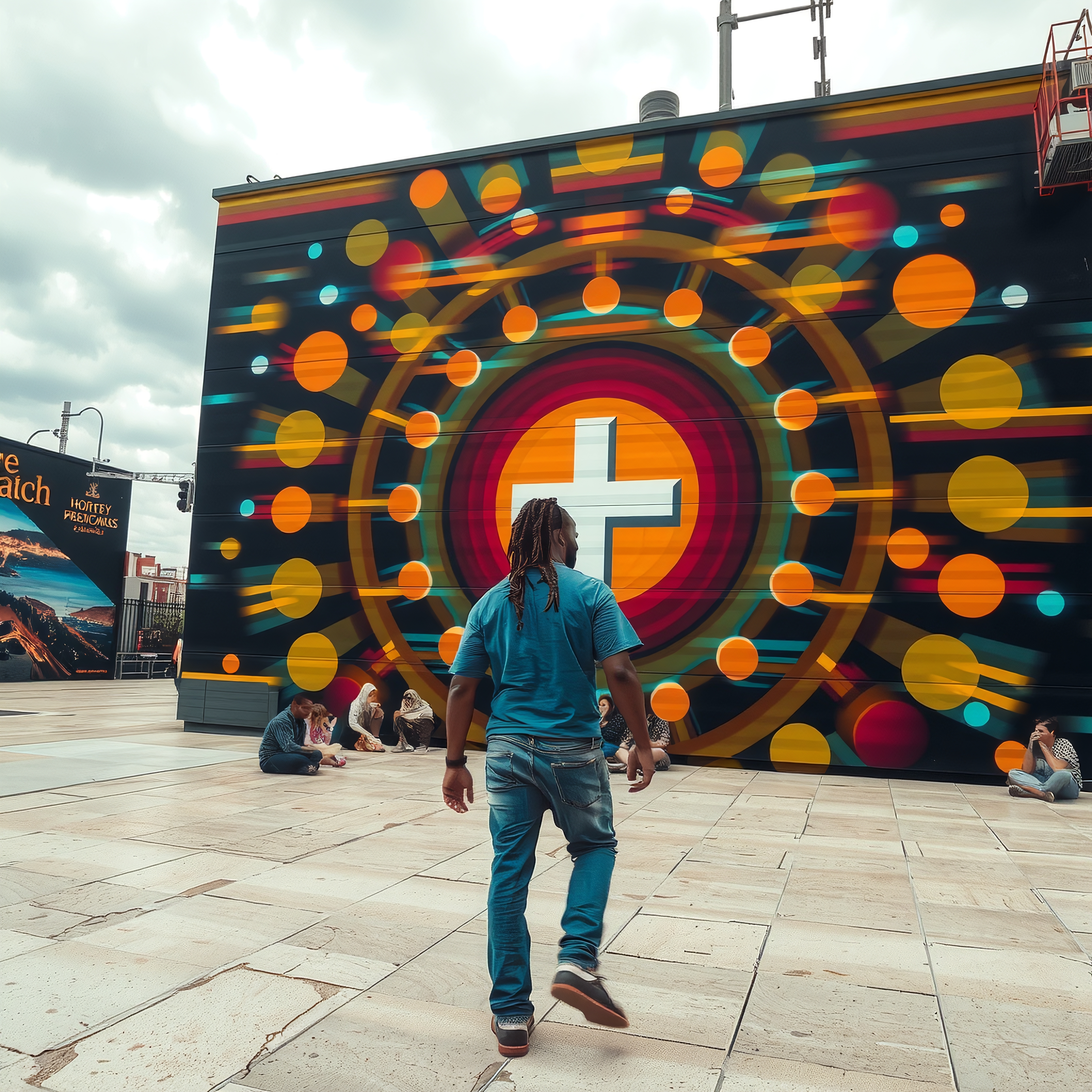 A colorful urban mural with people gathered nearby.