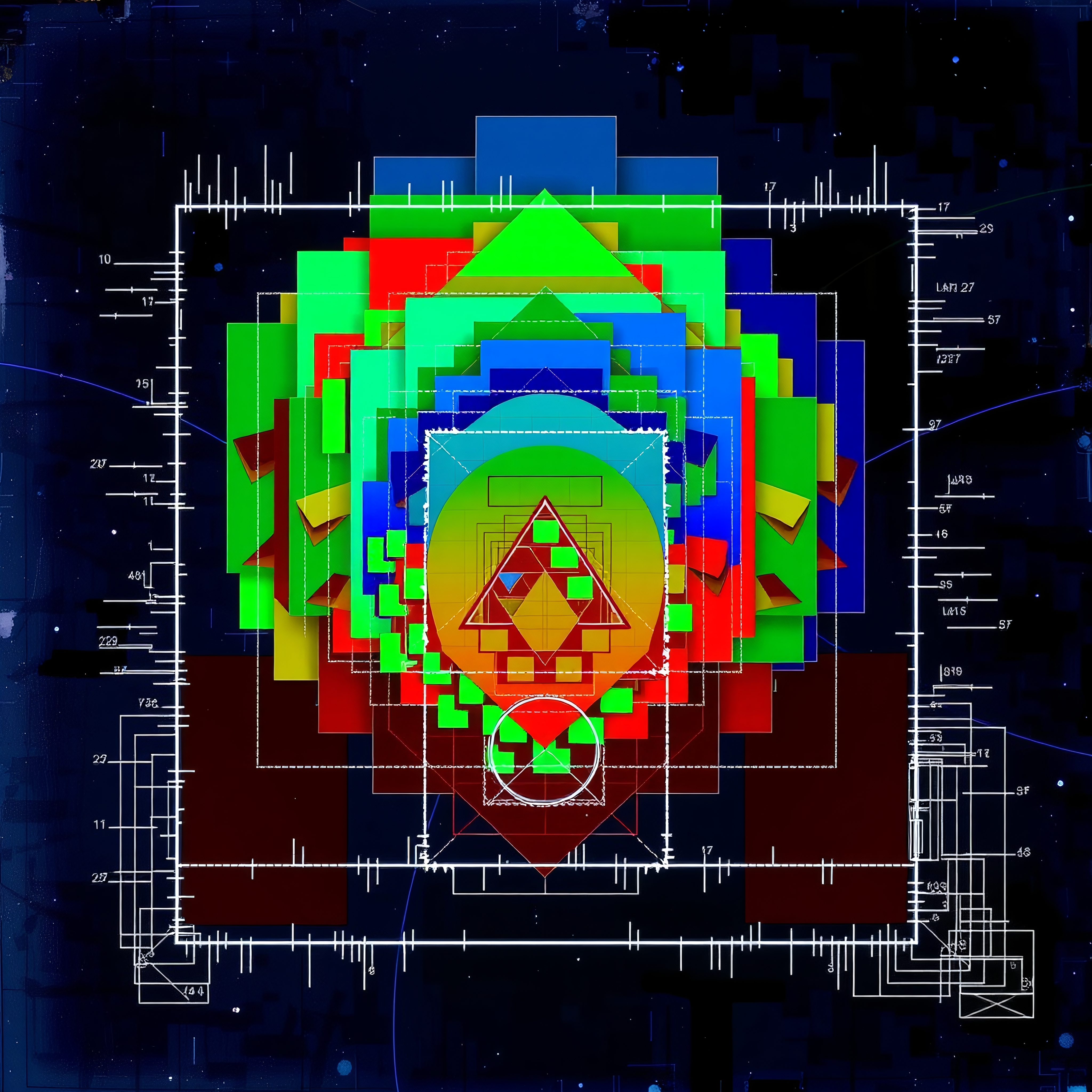 Vibrant geometric shapes with technical overlay.