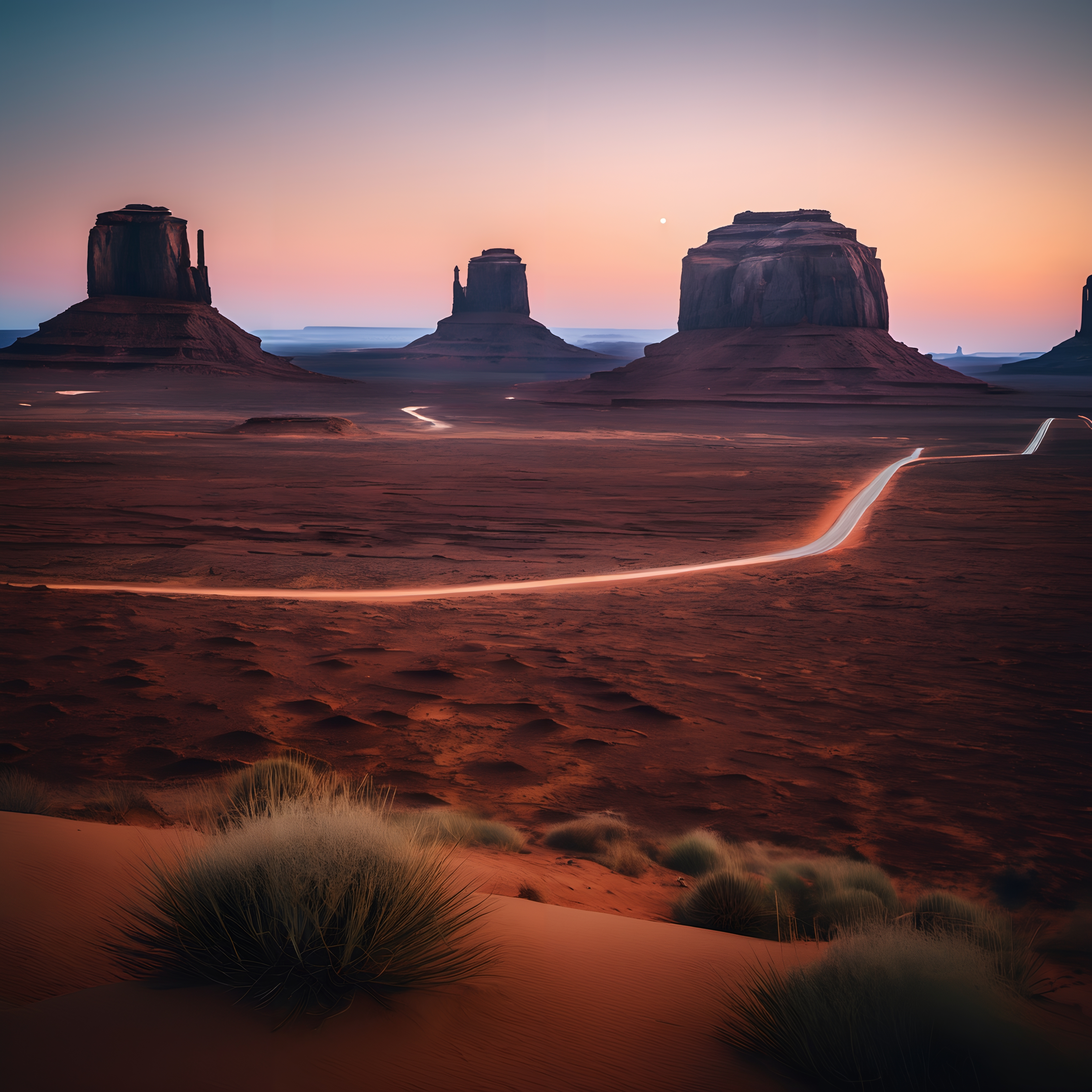 Sunset desert road winding between towering rock formations