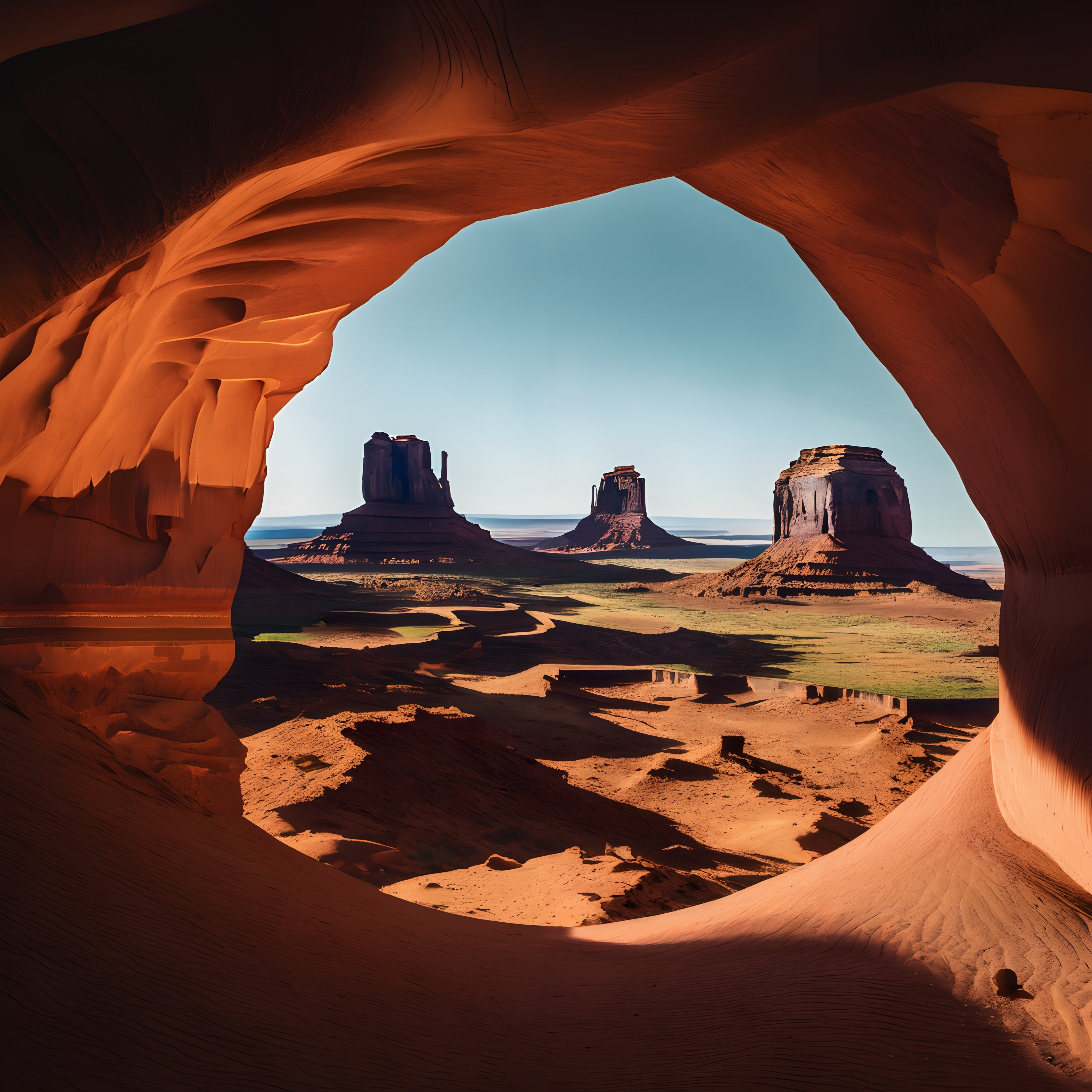 Sweeping view of Monument Valley through a natural rock arch, showcasing iconic sandstone formations in vibrant desert colors.