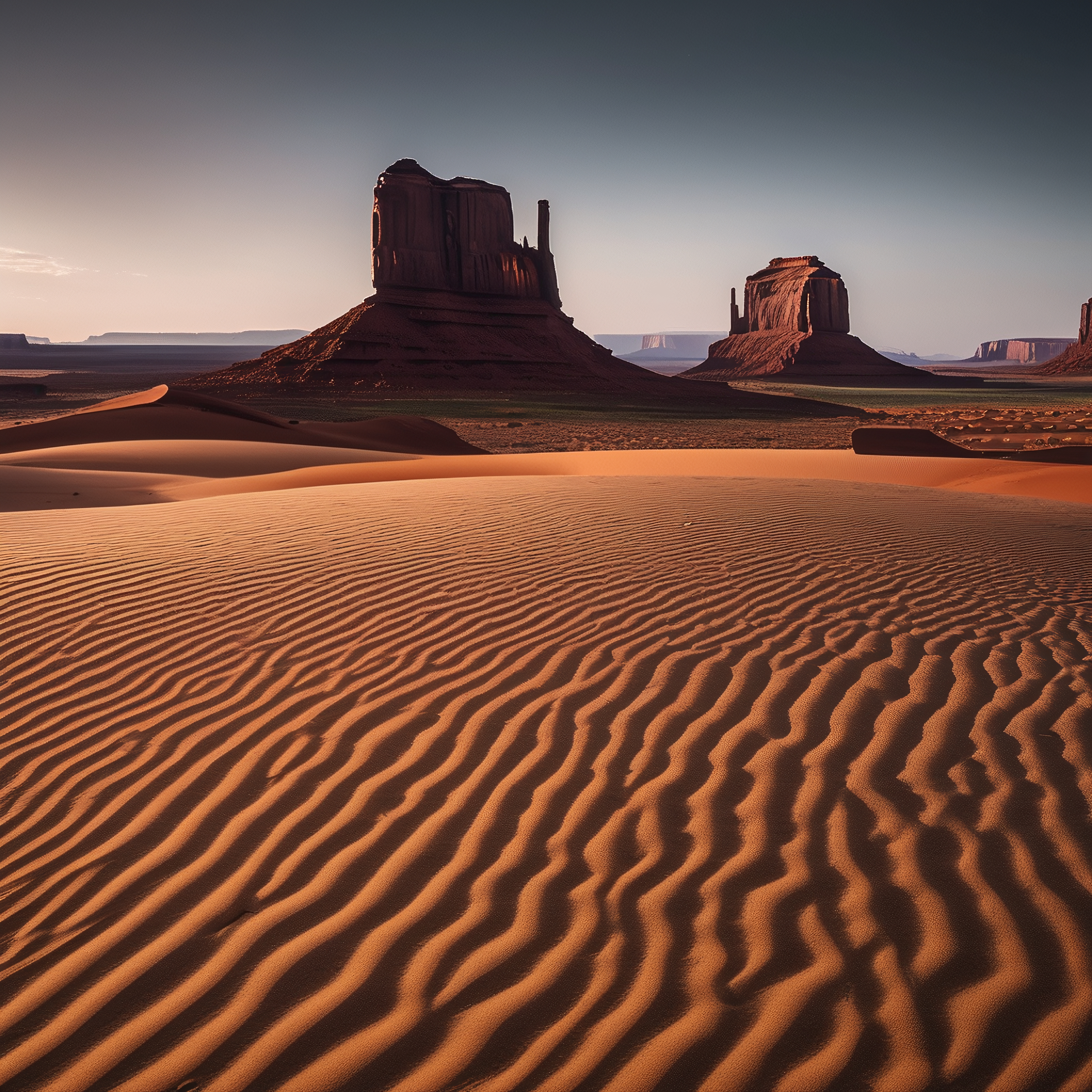 Desert landscape with sand dunes and red rock buttes under clear sky