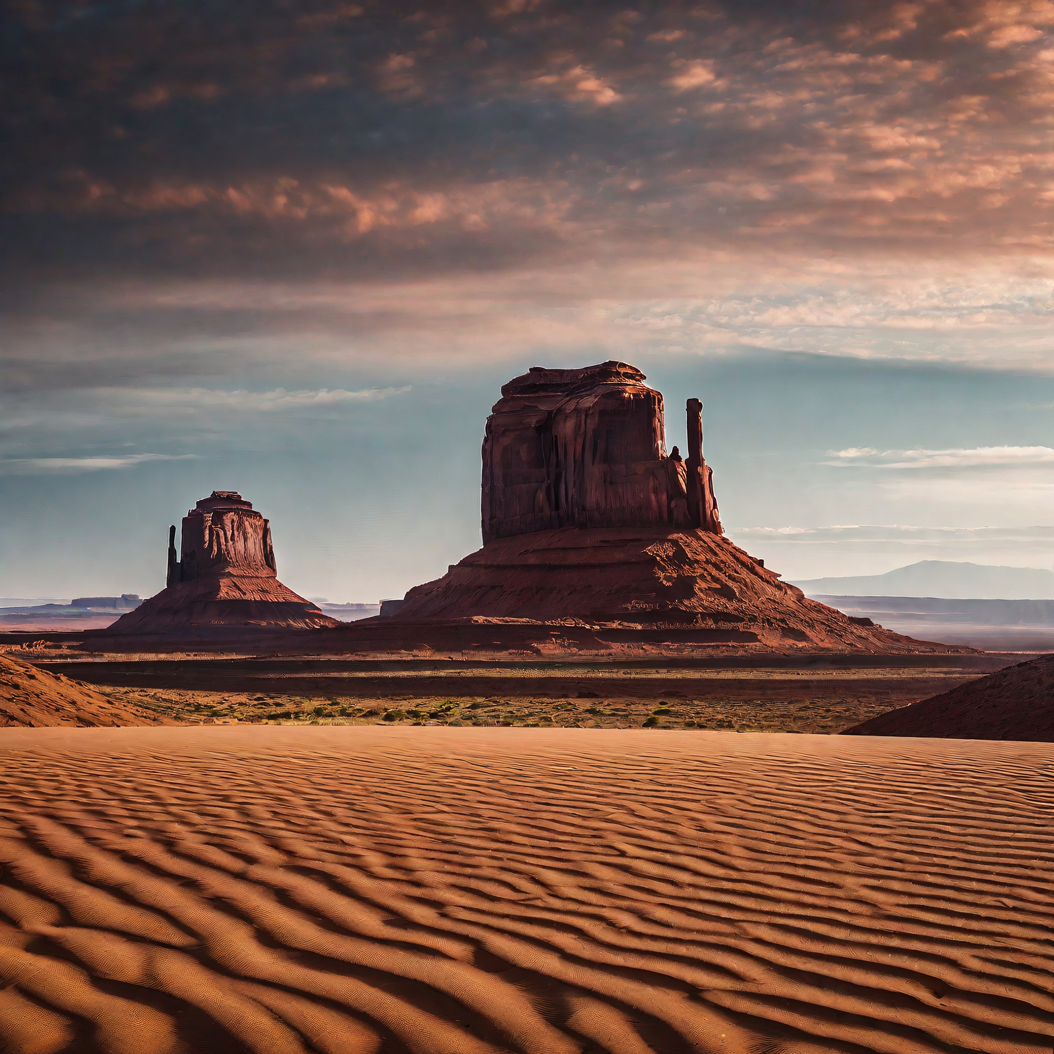 Breathtaking view of Monument Valley's sandstone buttes, majestic in the desert under a cloud-dotted sky.