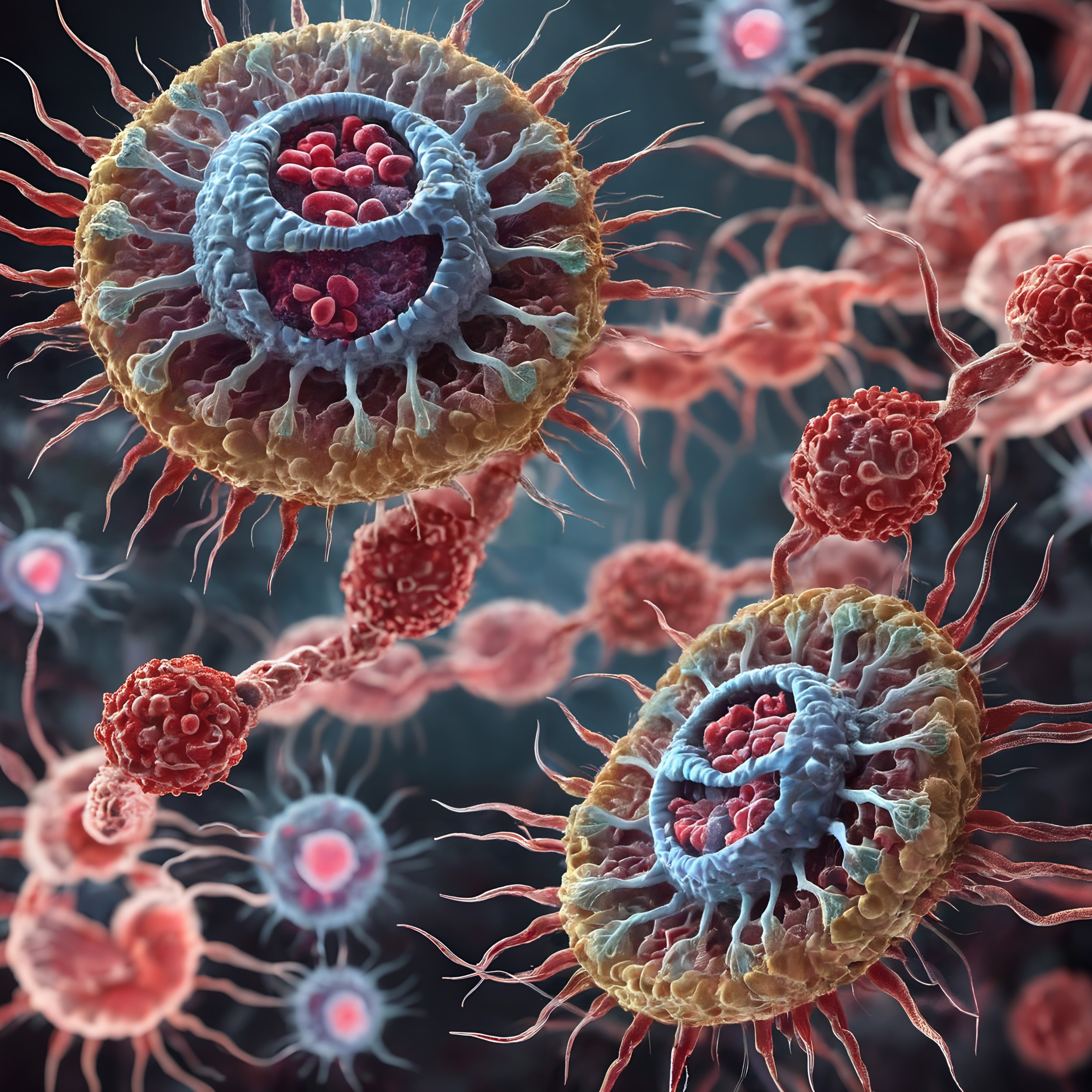 Immune System Fighting Cancer Cells Microscopic Battle Illustration Artwork Education Medical Science Diagram