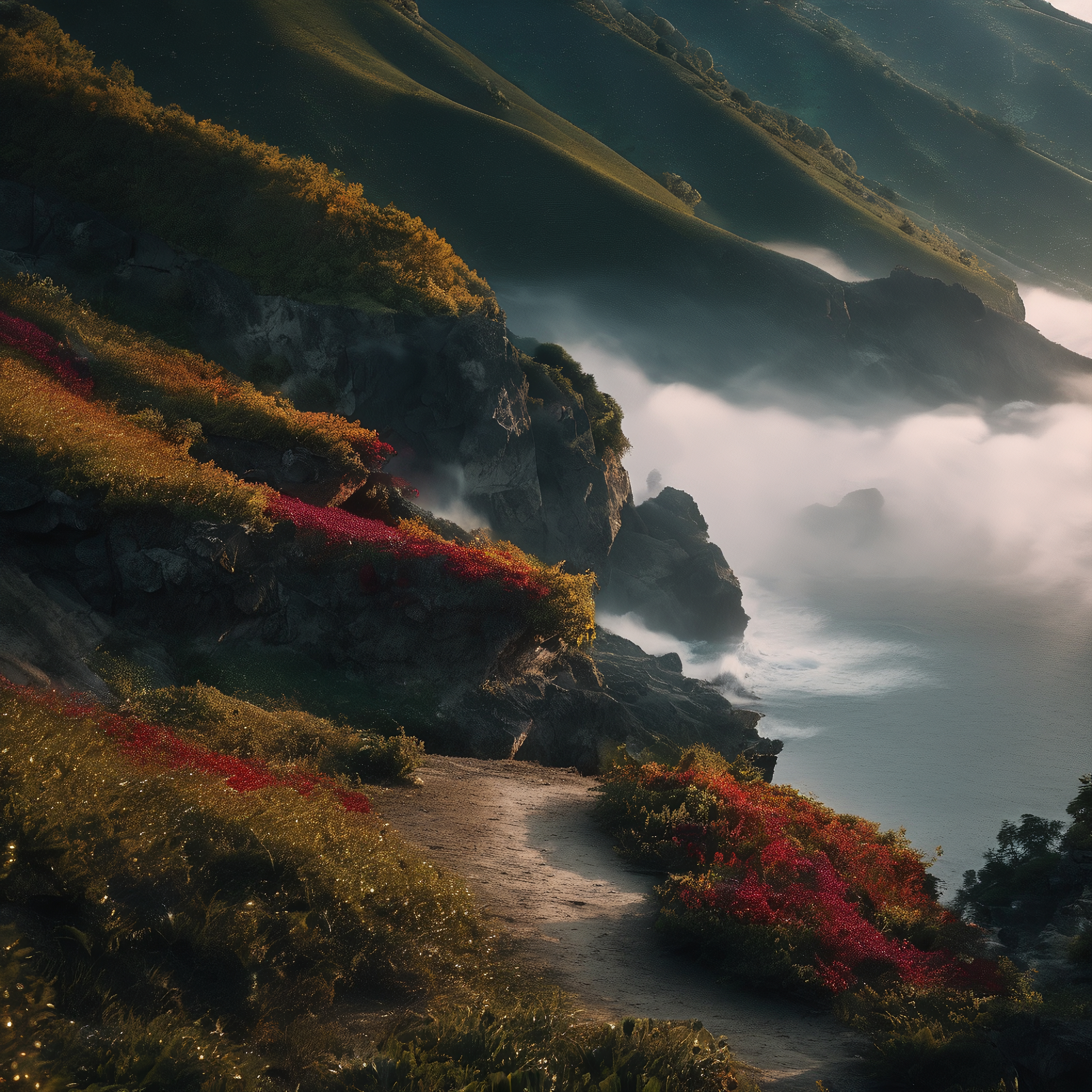 A dramatic coastal landscape with misty cliffs and vibrant wildflowers.