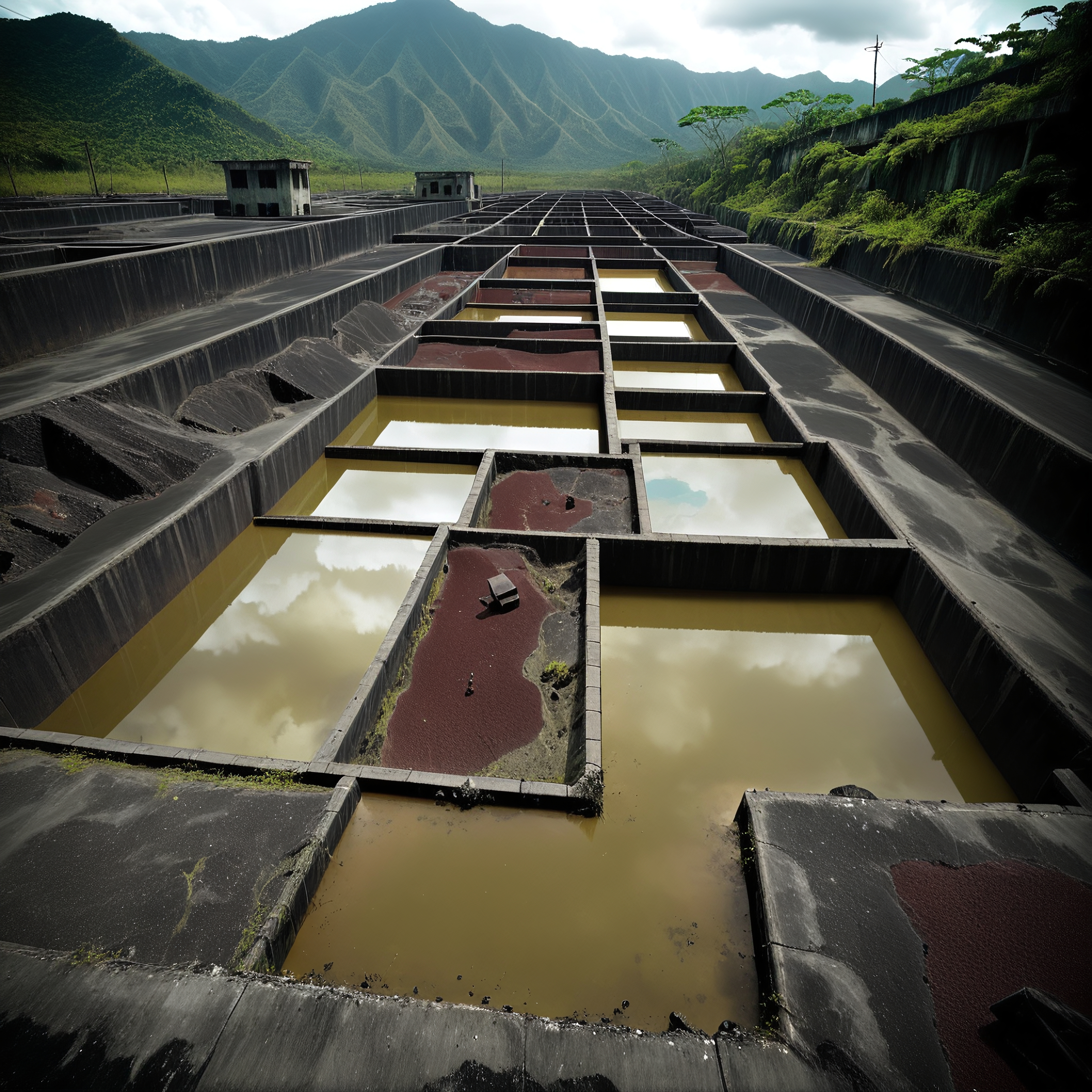 A view of geometric water reservoirs amidst lush green hills, reflecting cloudy skies in an industrial landscape.