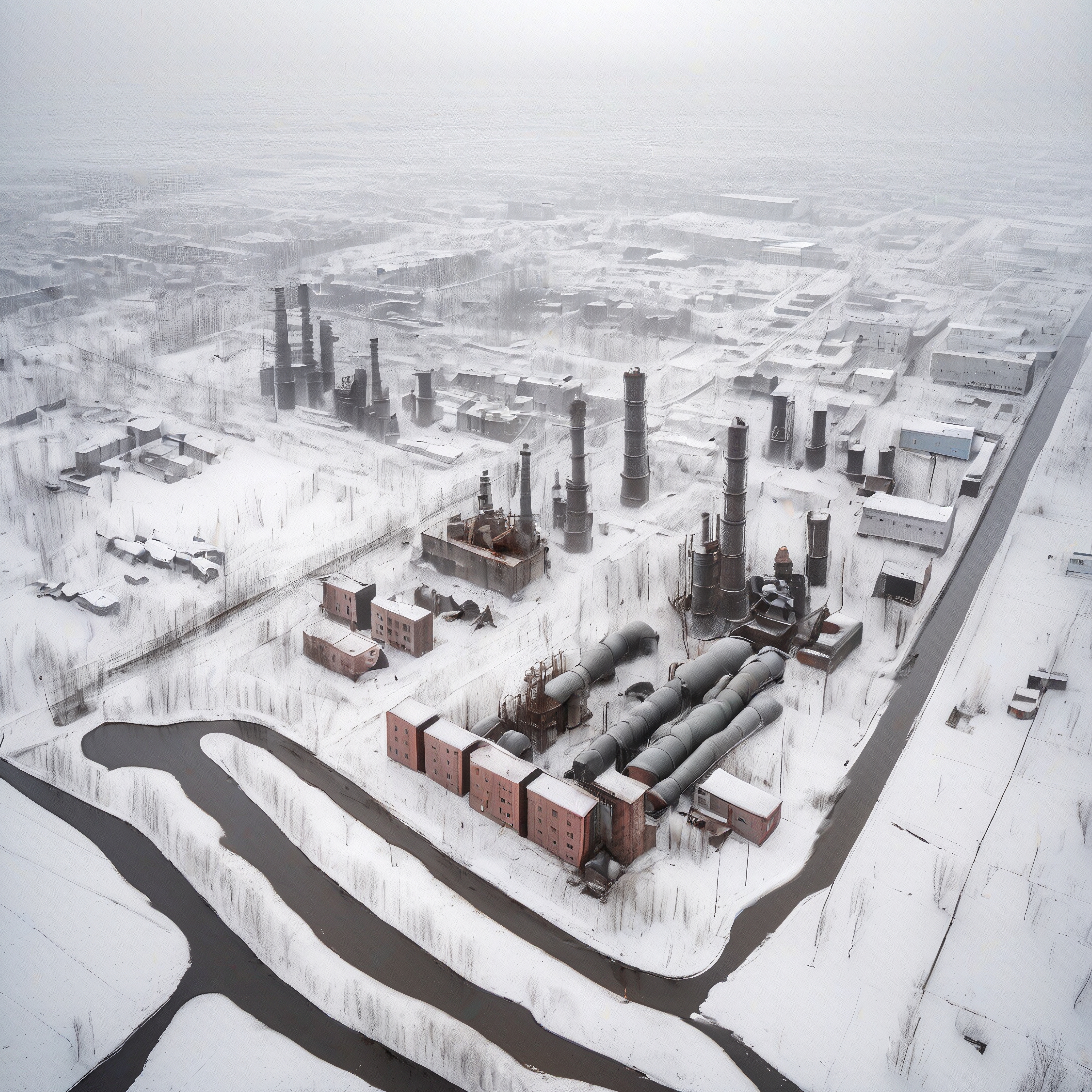 Aerial view of snow-covered industrial factory landscape with chimneys and river.