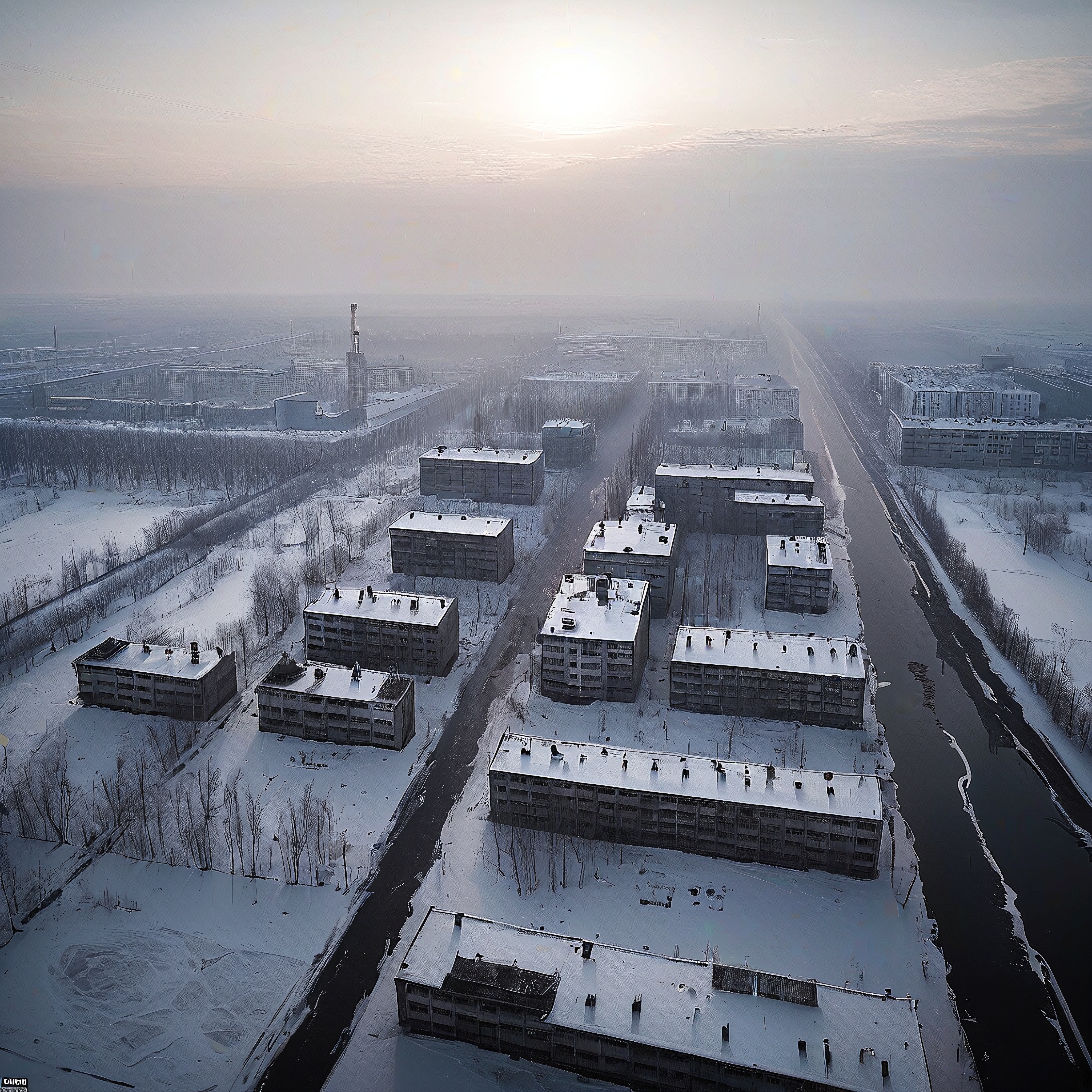 Aerial view of an abandoned snowy cityscape with buildings and canal in winter.