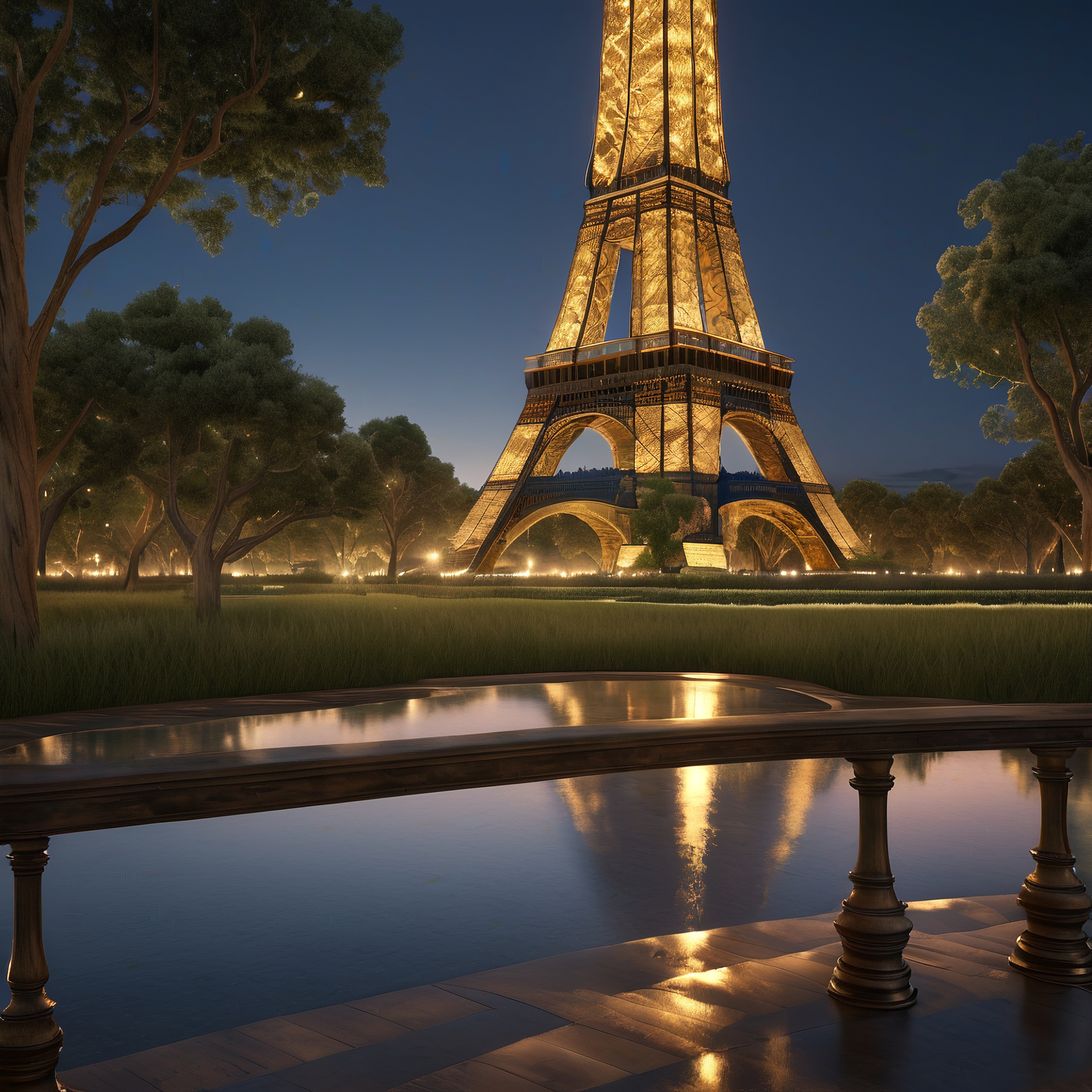 Illuminated Eiffel Tower with reflections at night.