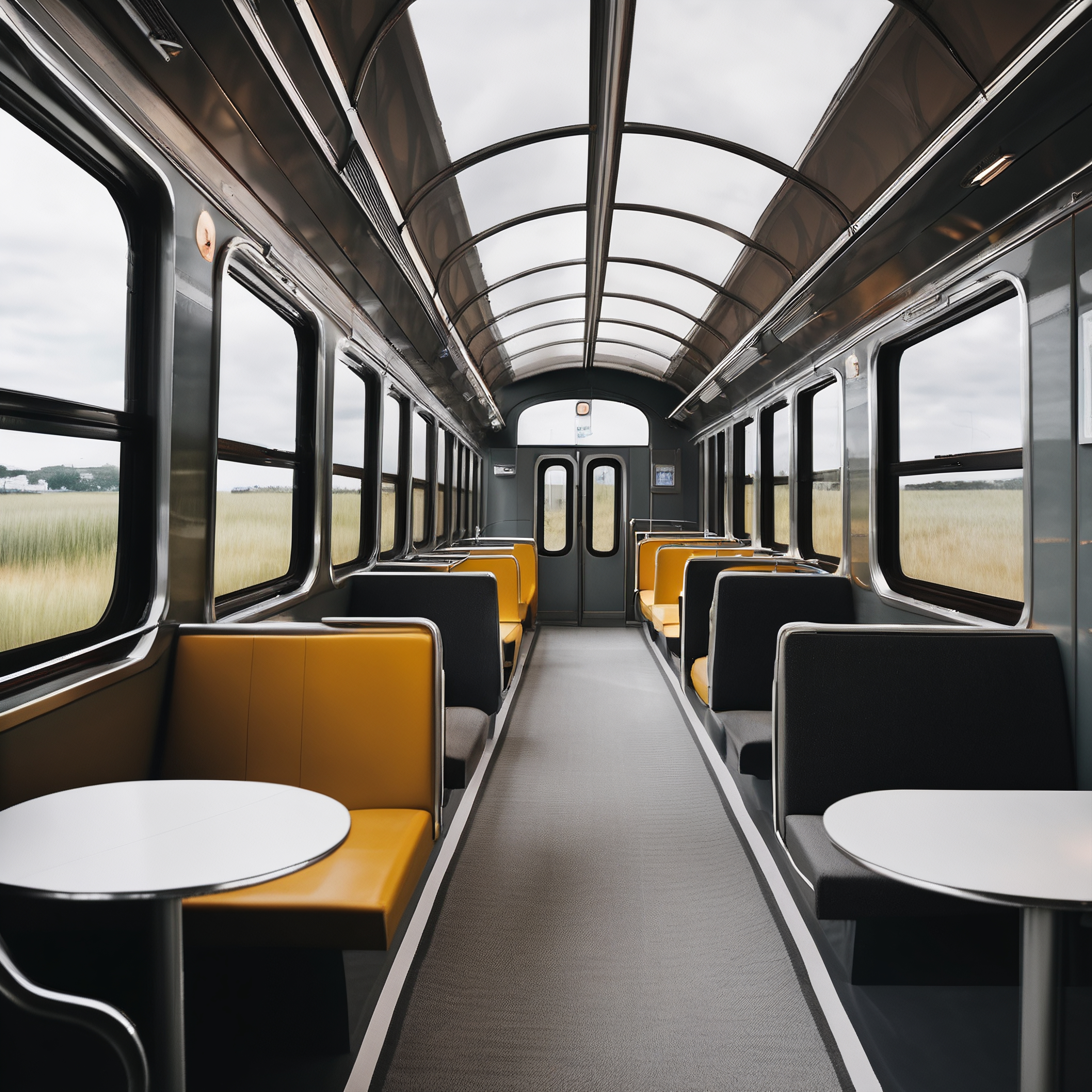 Bright modern train interior with panoramic windows, yellow seating, and sleek design.