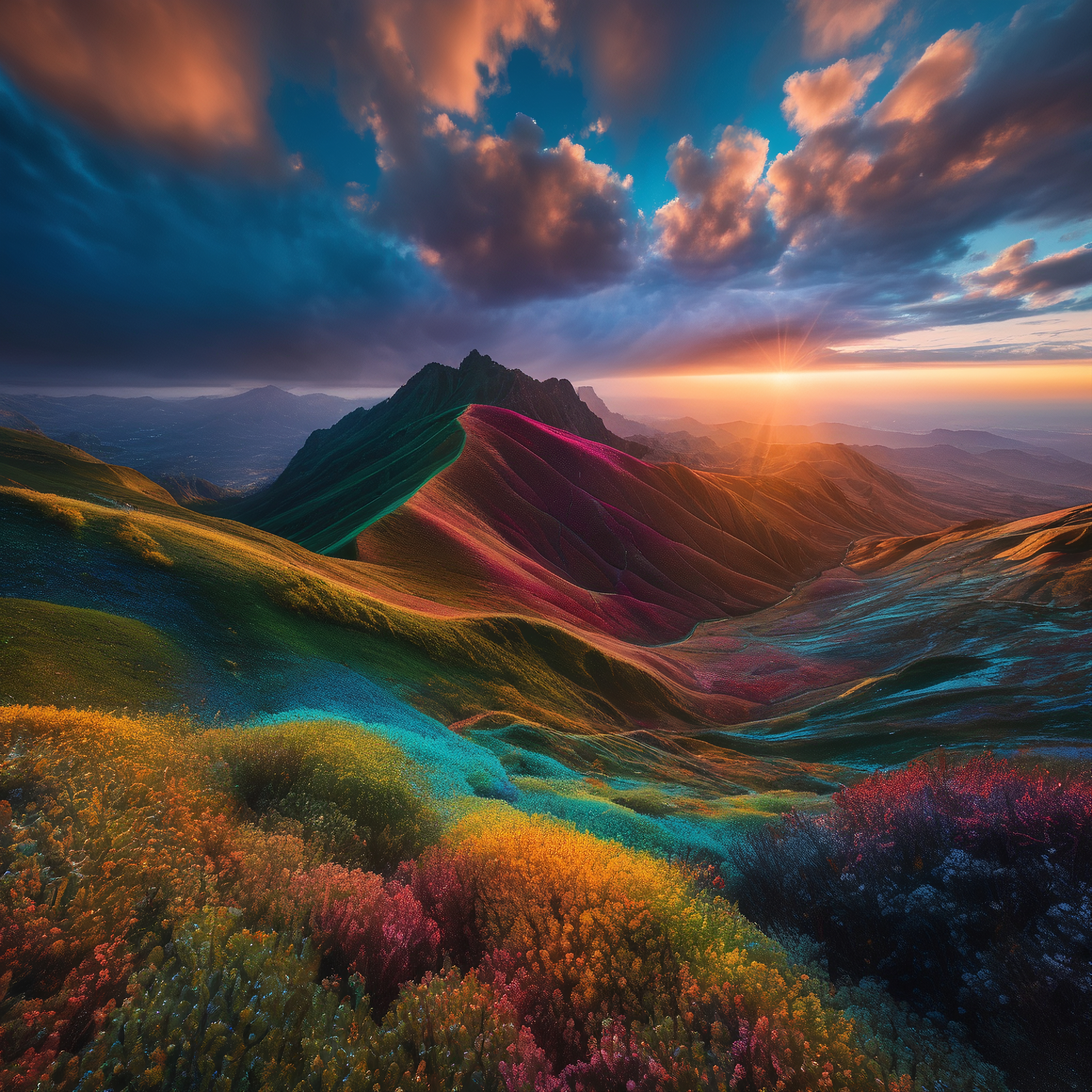 Multicolor Rolling Hills Landscape at Sunrise or Sunset