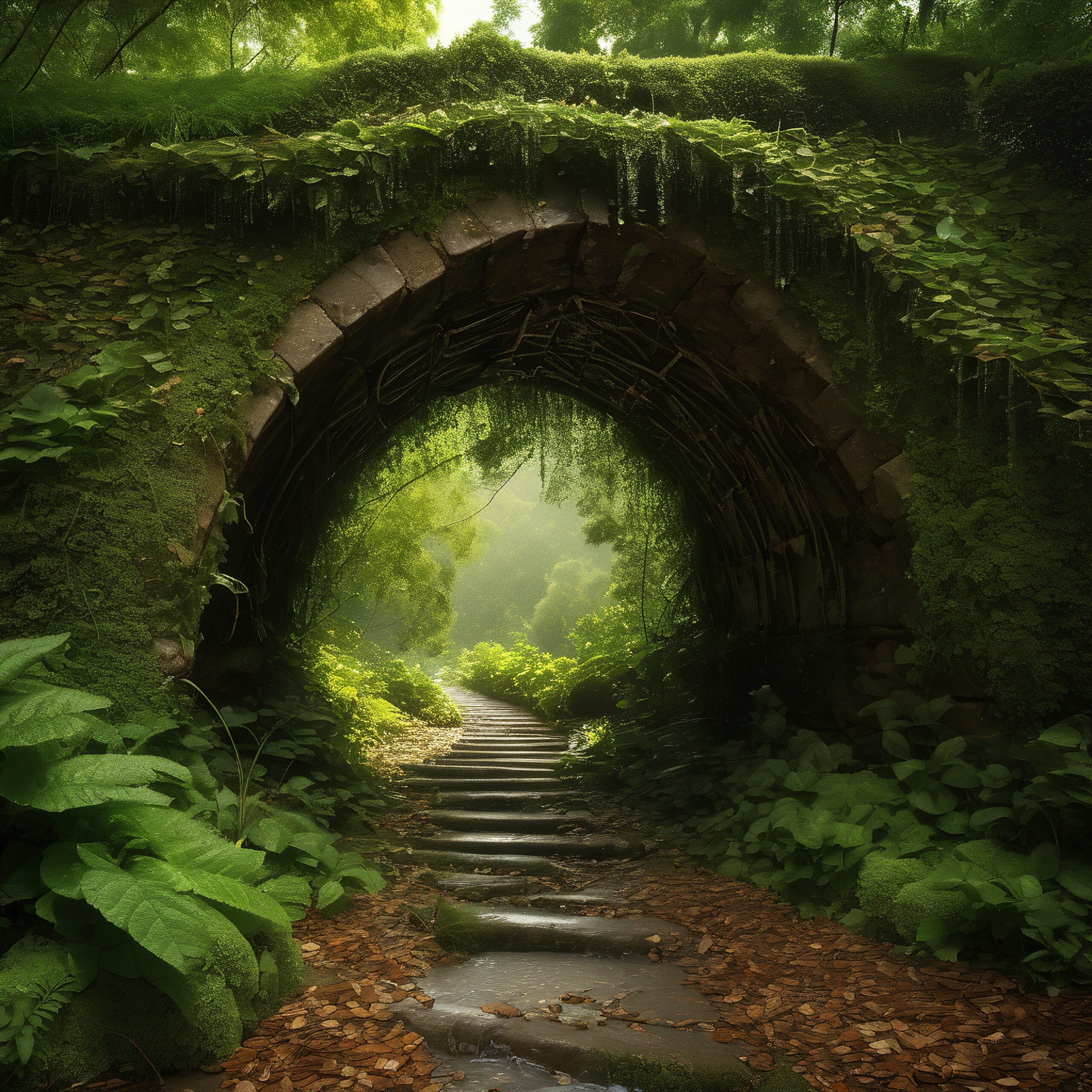 A stone archway covered in greenery with a path leading through a lush, sunlit forest.