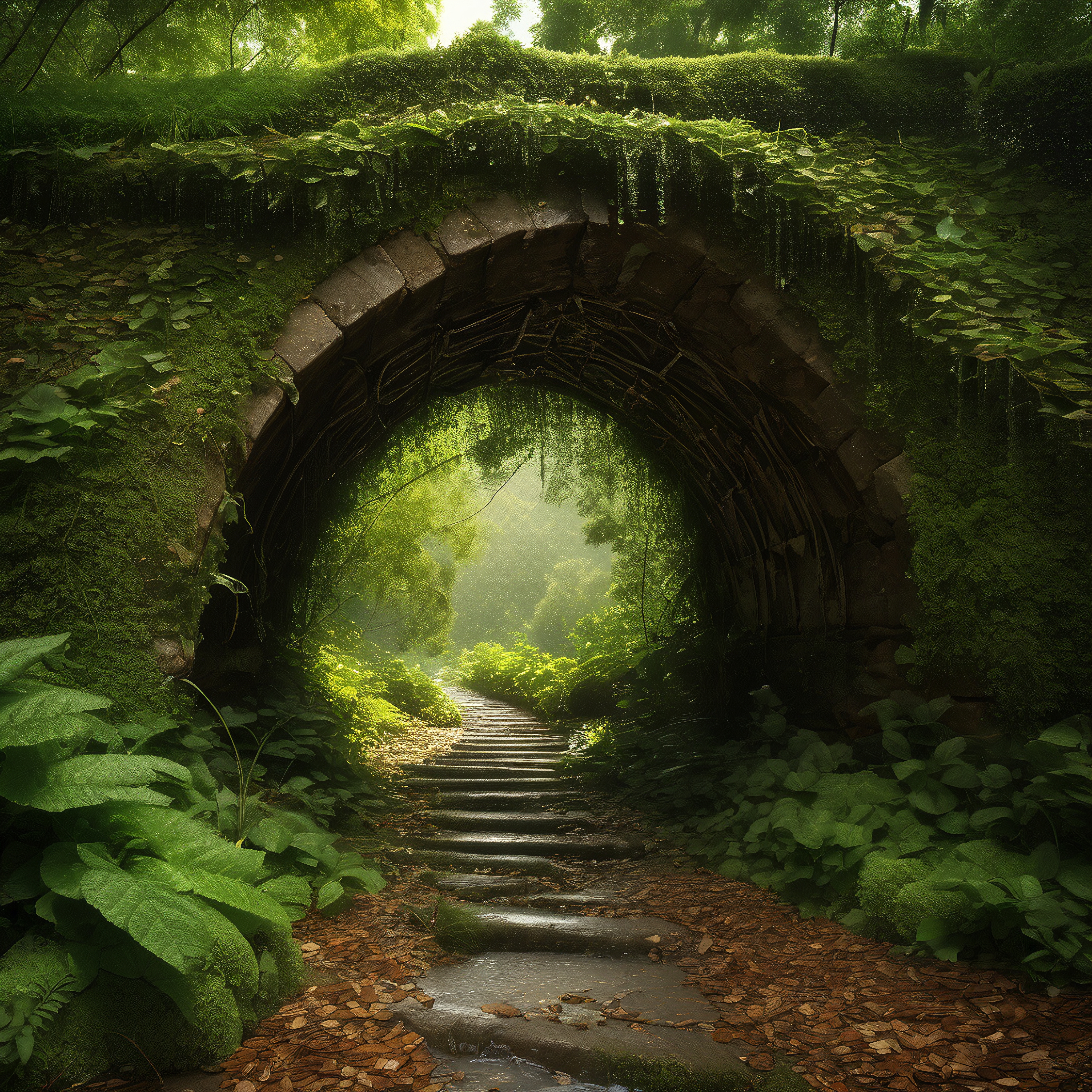 Ancient Moss-Covered Stone Arch Bridge Through Lush Forest