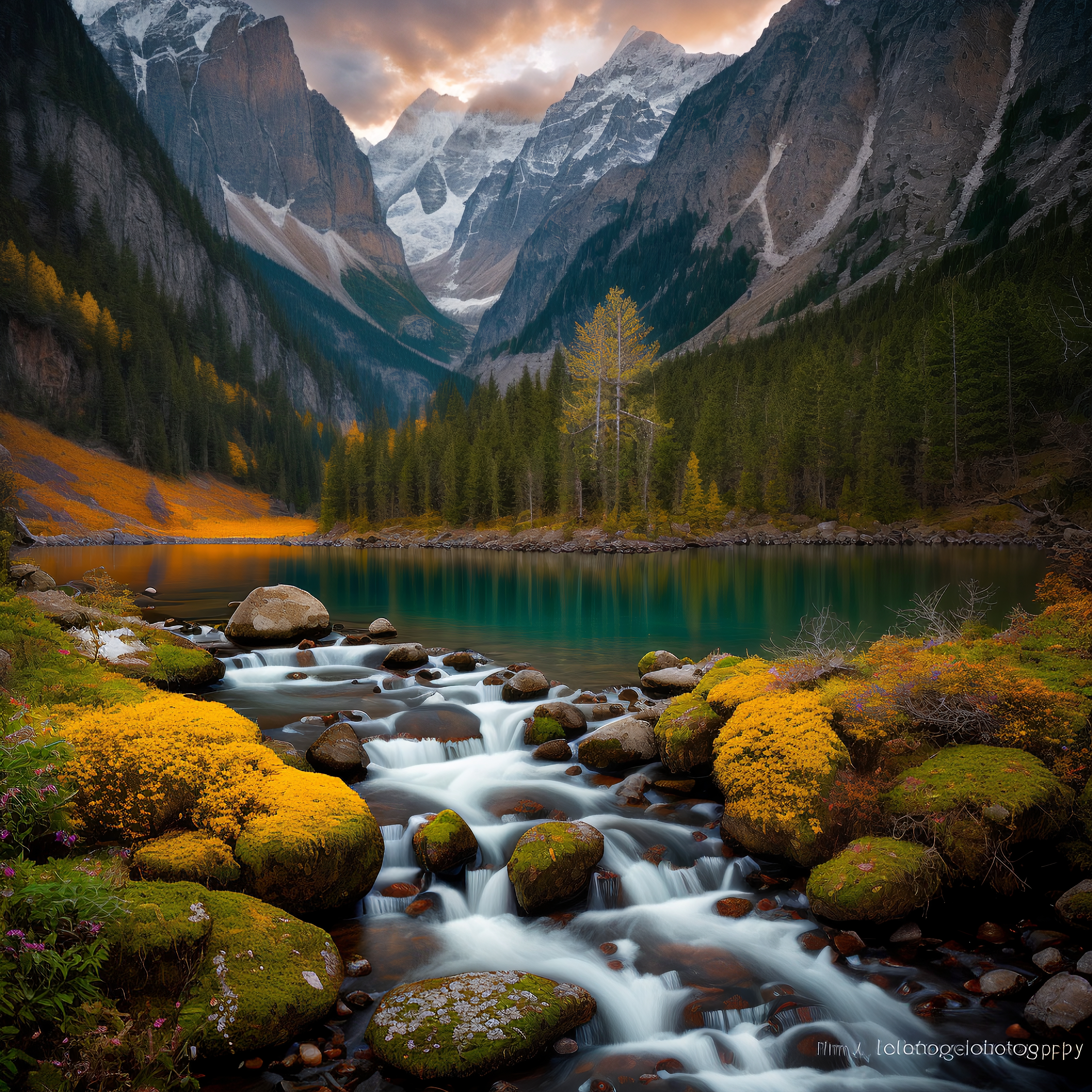 Serene mountain landscape with stream, forest, and lake.