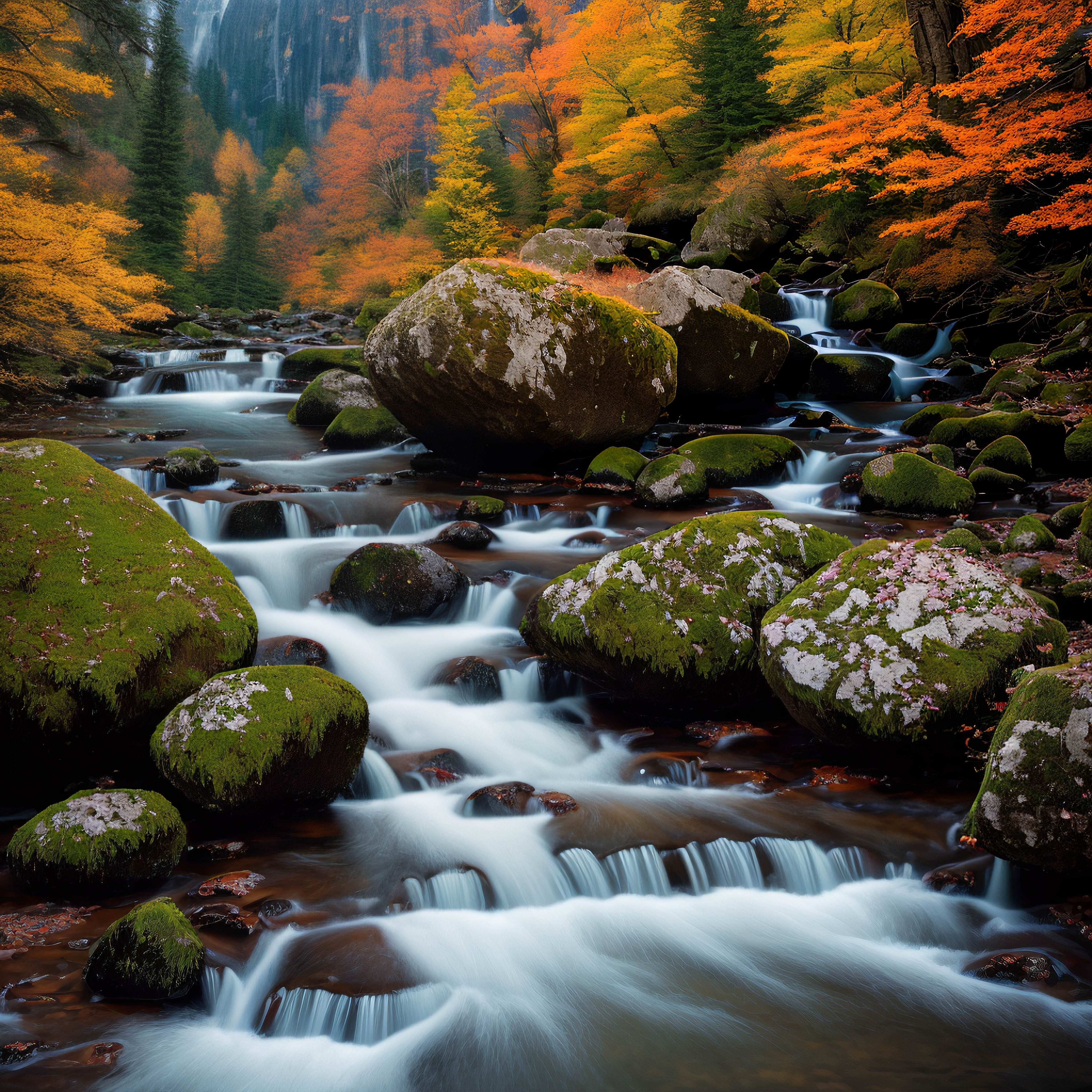 A tranquil autumn river scene with mossy rocks and vibrant foliage.