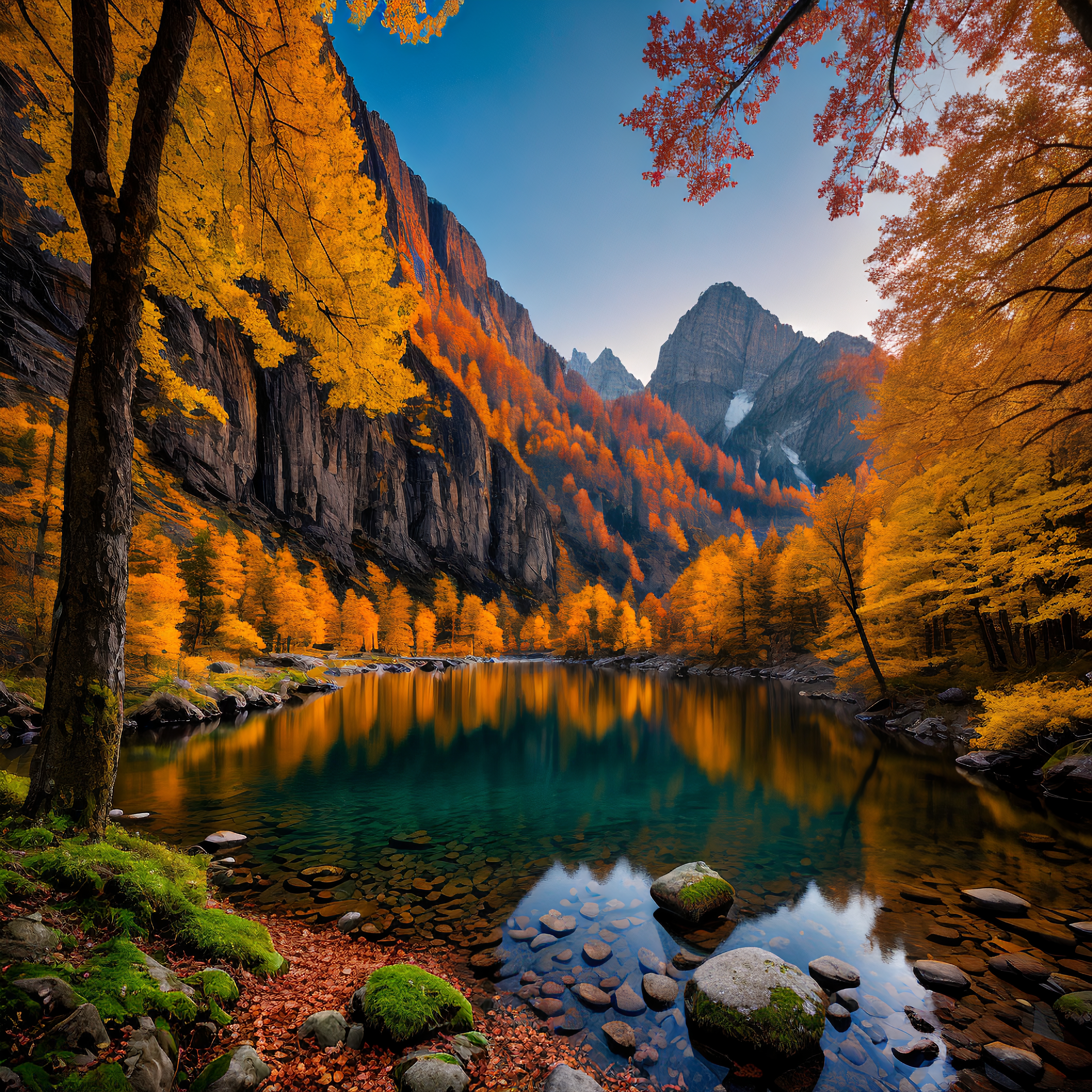 Autumn Reflection in a Valley: Vibrant Fall Colors and Mountain