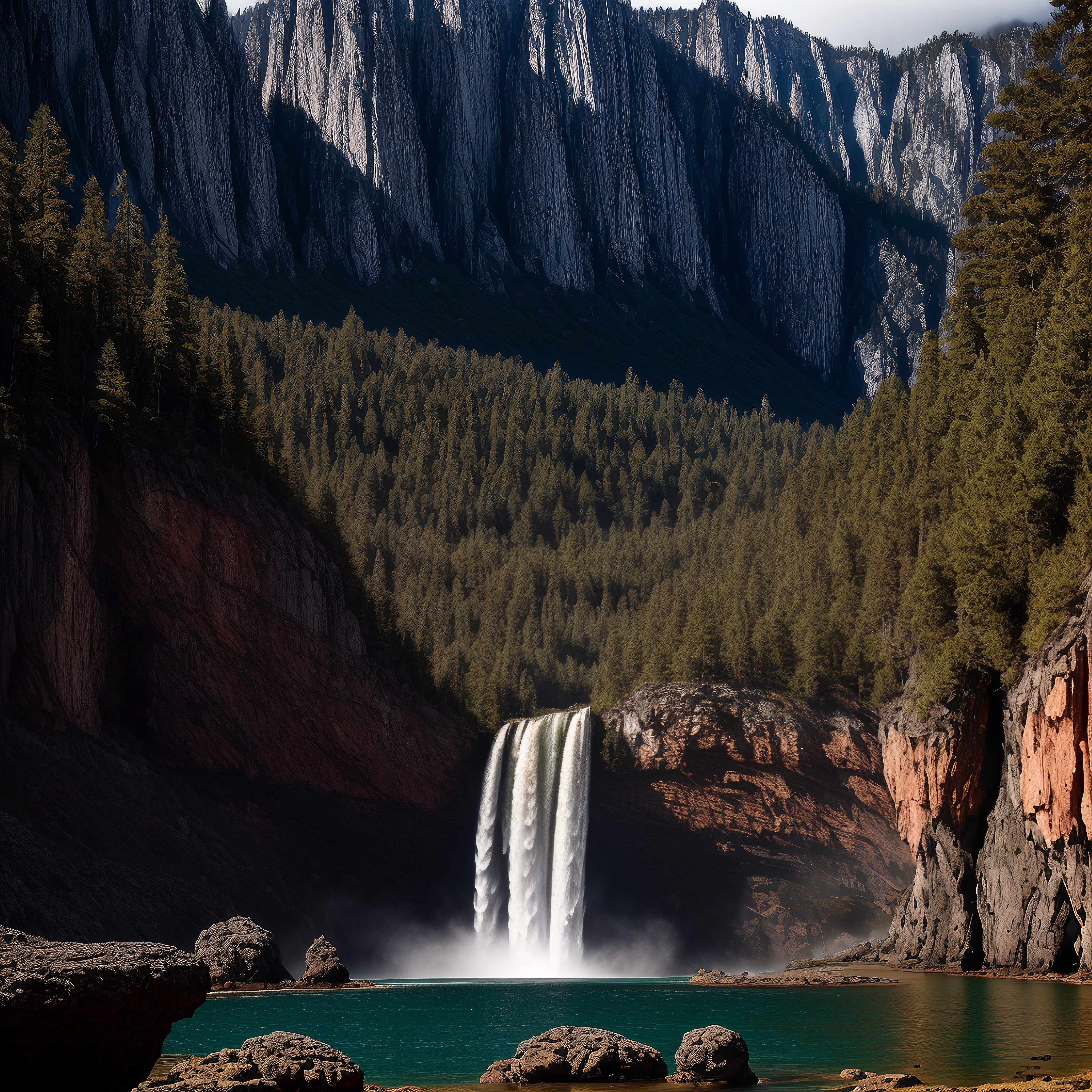 Majestic waterfall cascading through verdant forest landscape with dramatic rocky cliffs and turquoise water.