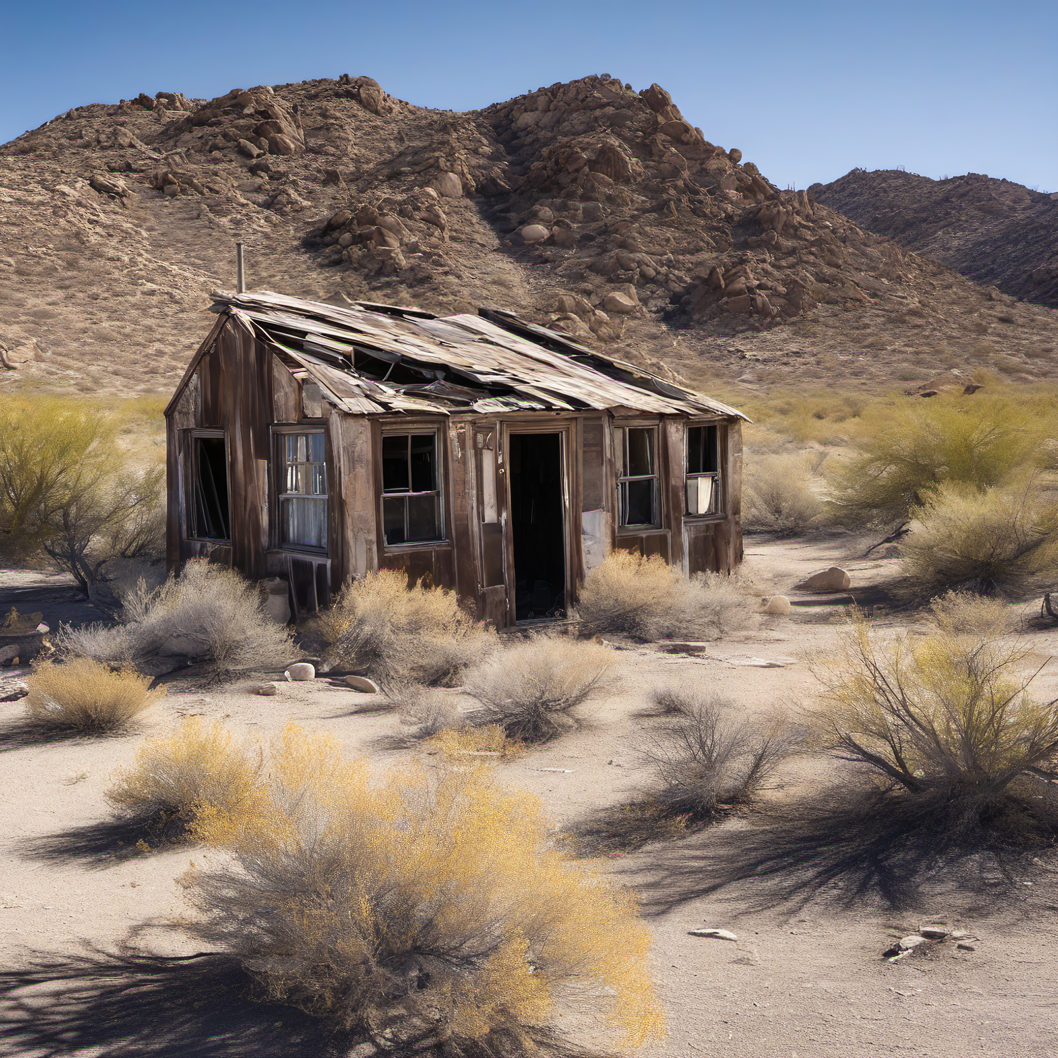 Desert ruin: Abandoned wooden cabin against arid, rugged mountai