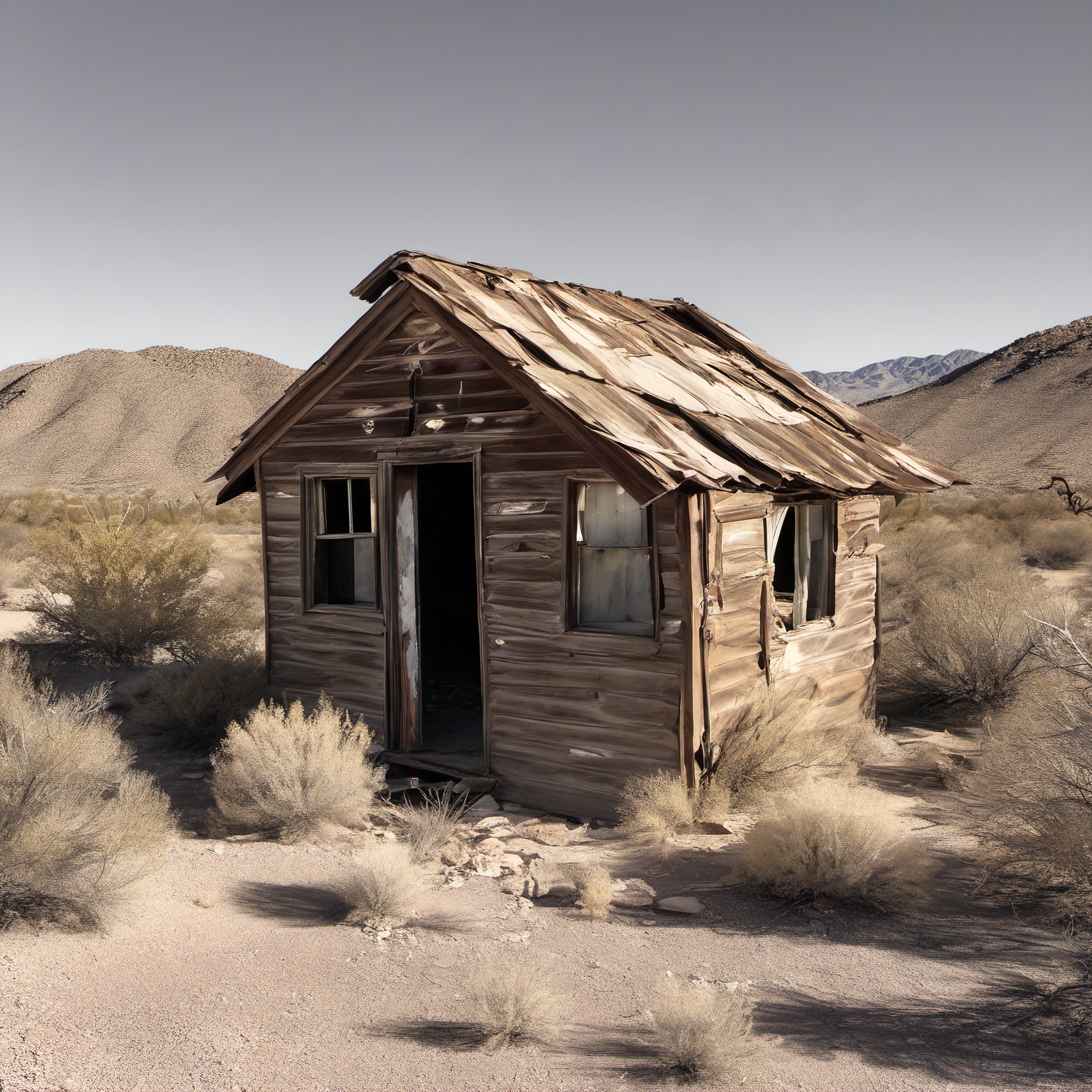 A weathered wooden shack standing in a desolate desert landscape with distant mountains under a clear sky.
